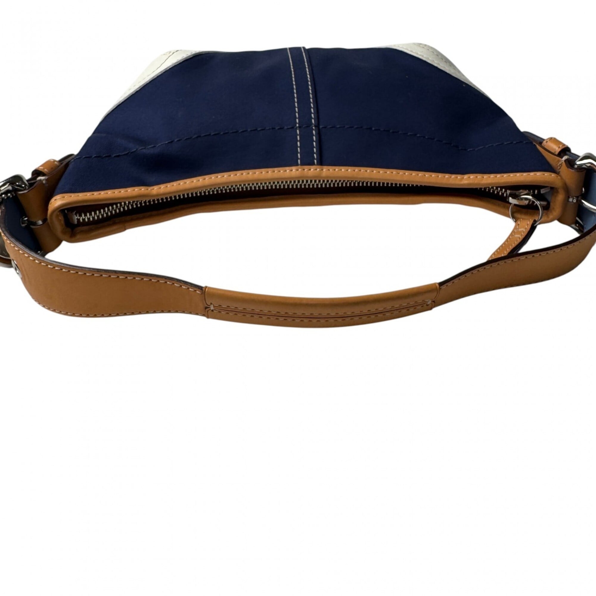 Coach Light Brown Navy White Canvas Leather Handbag (Pre-Owned)
