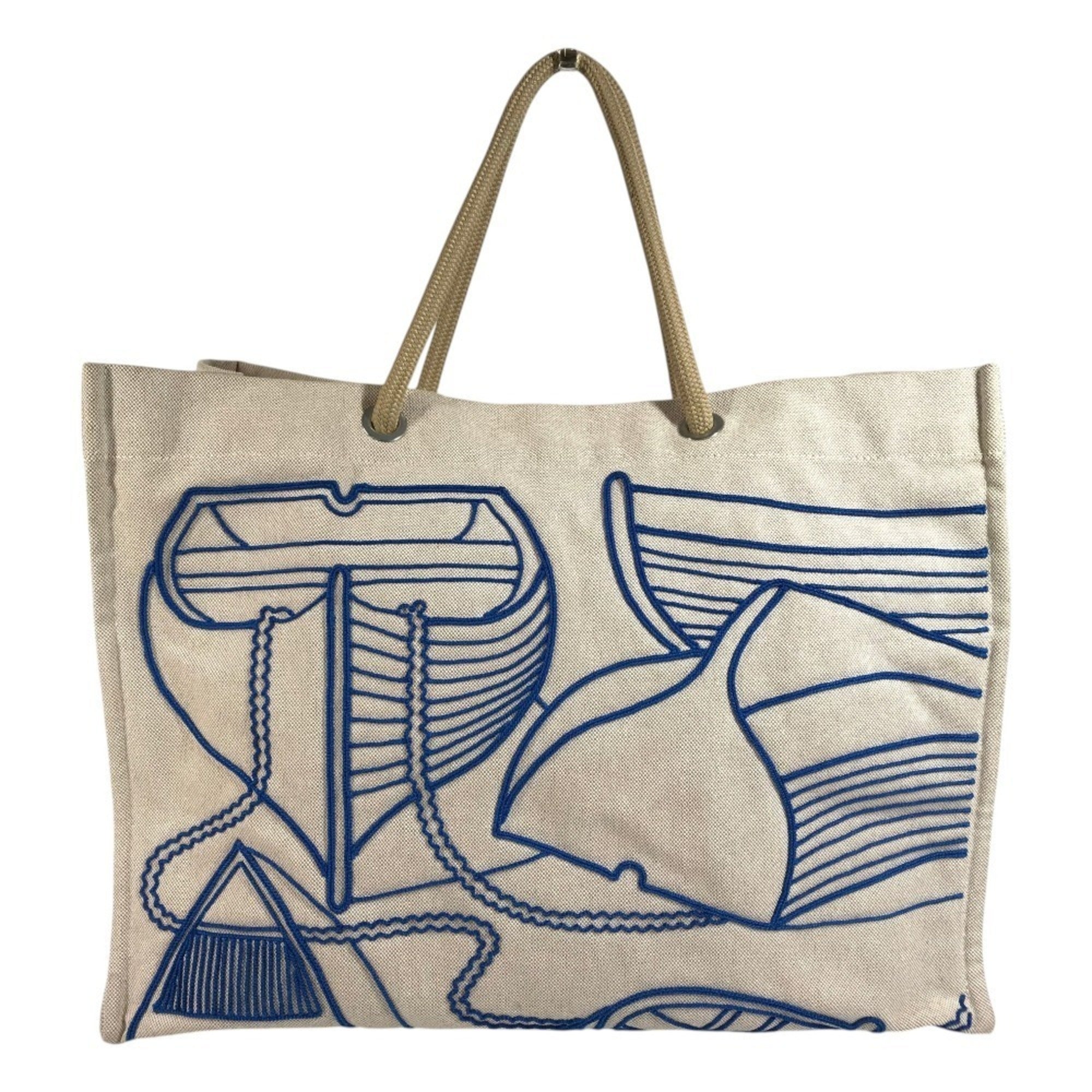 Hermes Beige Blue Cotton Beach Bag Boston Bag Handbag Shoulder Bag Tote Bag (Pre-Owned)