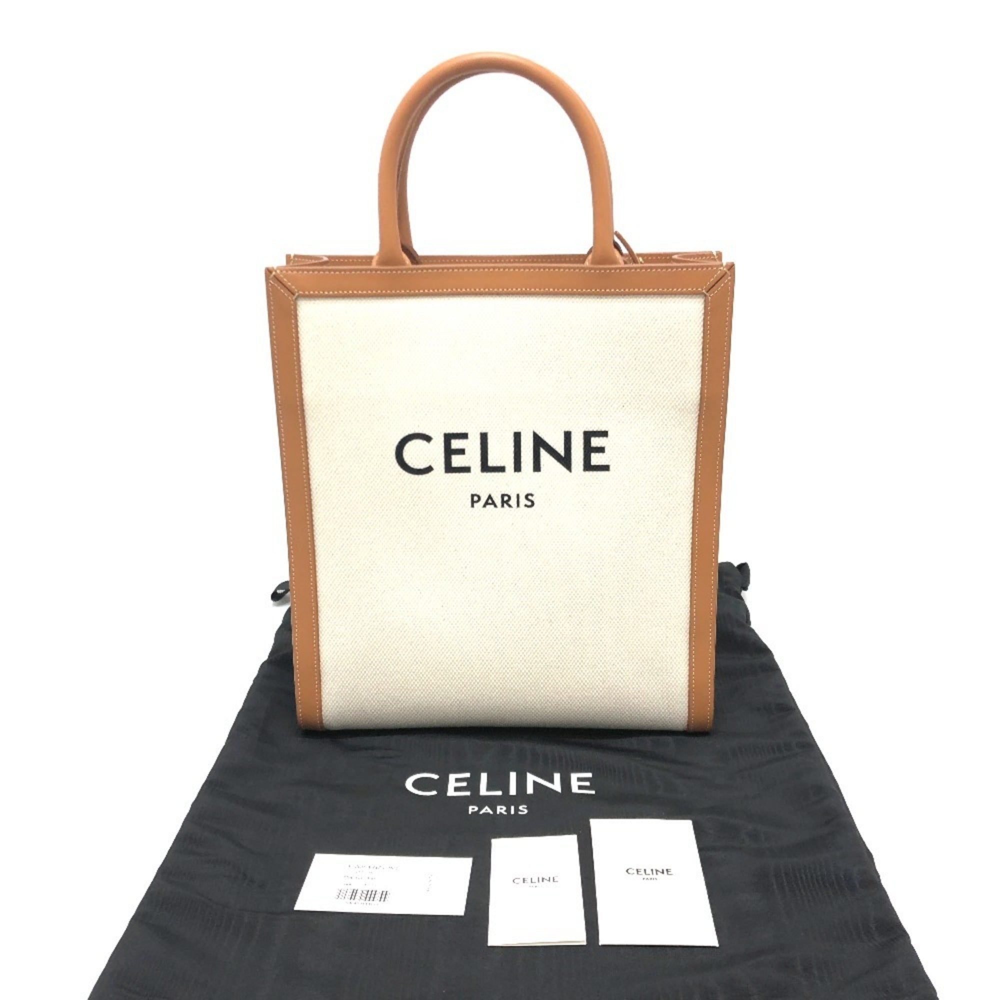 Celine Cabas Beige Brown Leather Canvas Handbag Shoulder Bag Tote Bag (Pre-Owned)