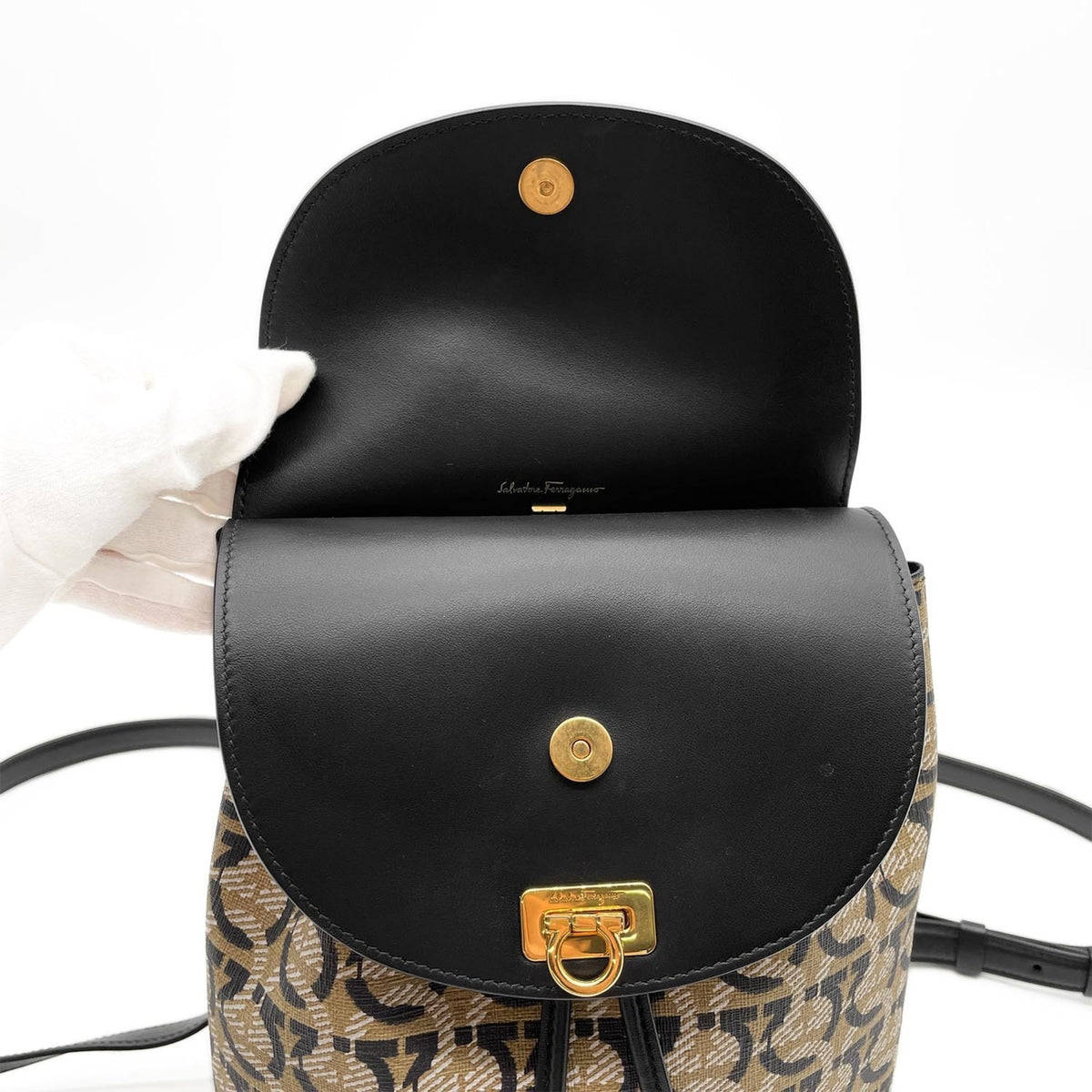 Salvatore Ferragamo Beige Black Pvc Leather Backpack (Pre-Owned)
