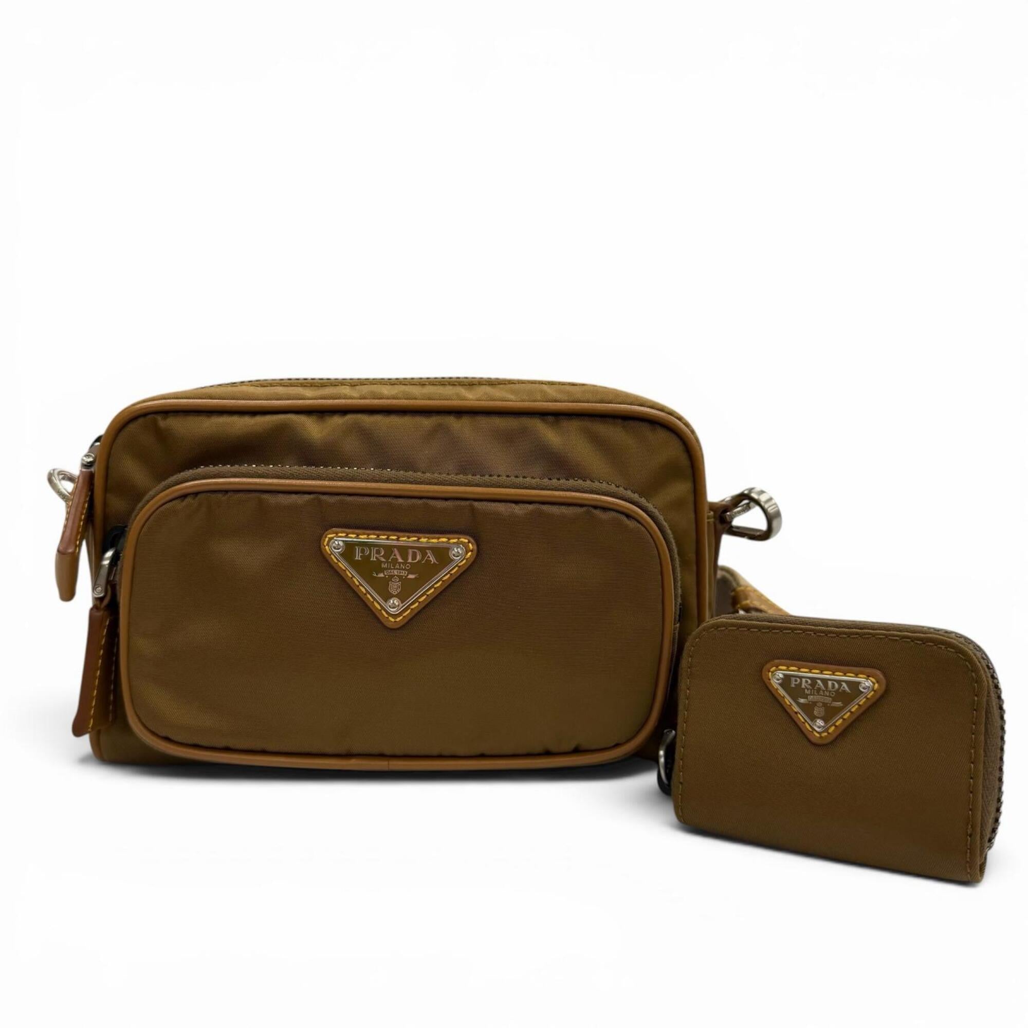 Prada Brown Nylon Leather Pouch Shoulder Bag (Pre-Owned)