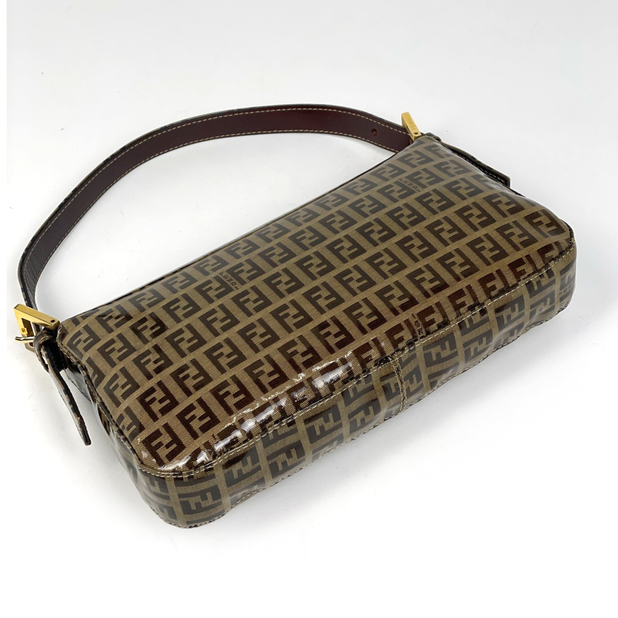 Fendi Zucchino Beige Brown Coated Canvas Leather Shoulder Bag (Pre-Owned)