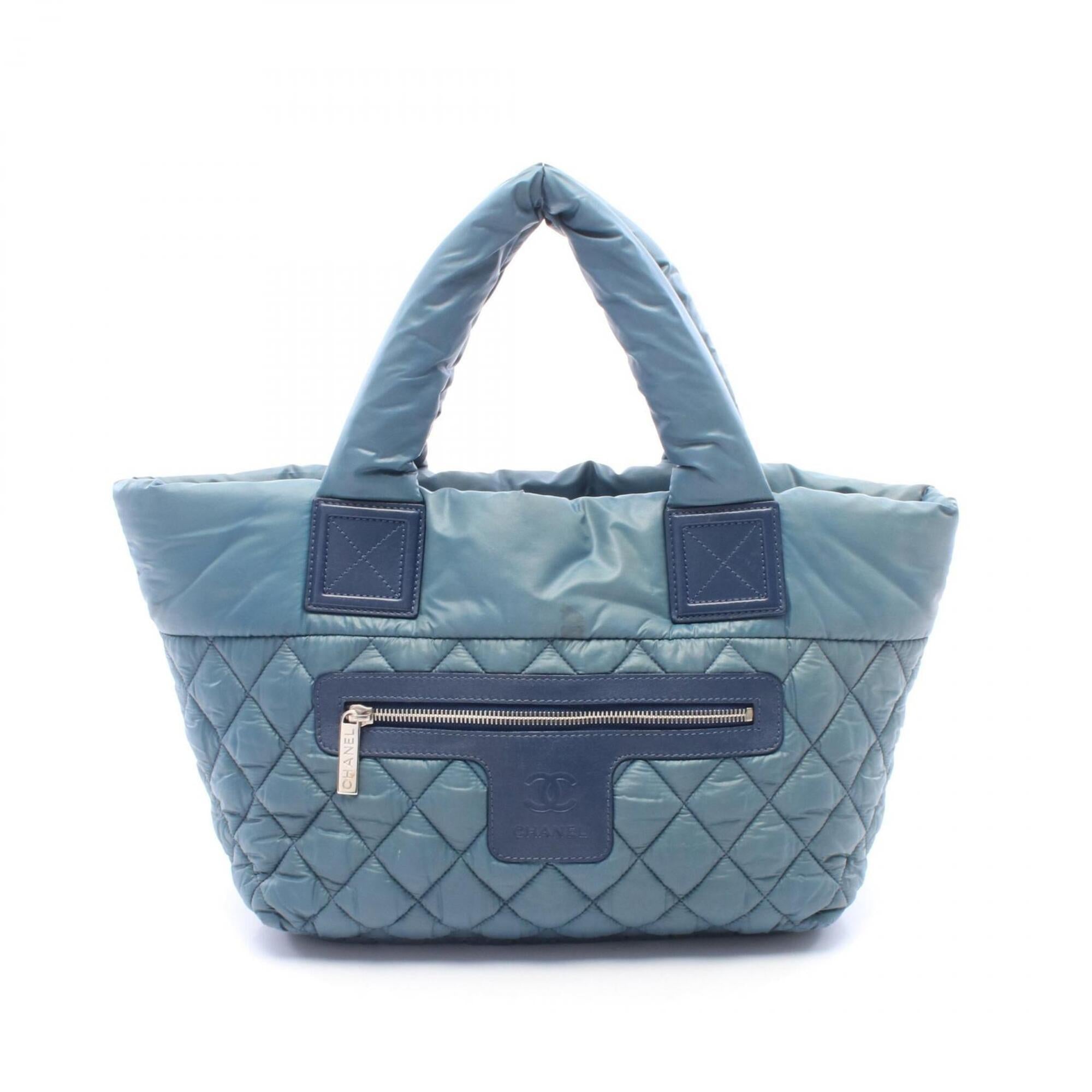 Chanel Green Navy Nylon Leather Handbag Tote Bag (Pre-Owned)