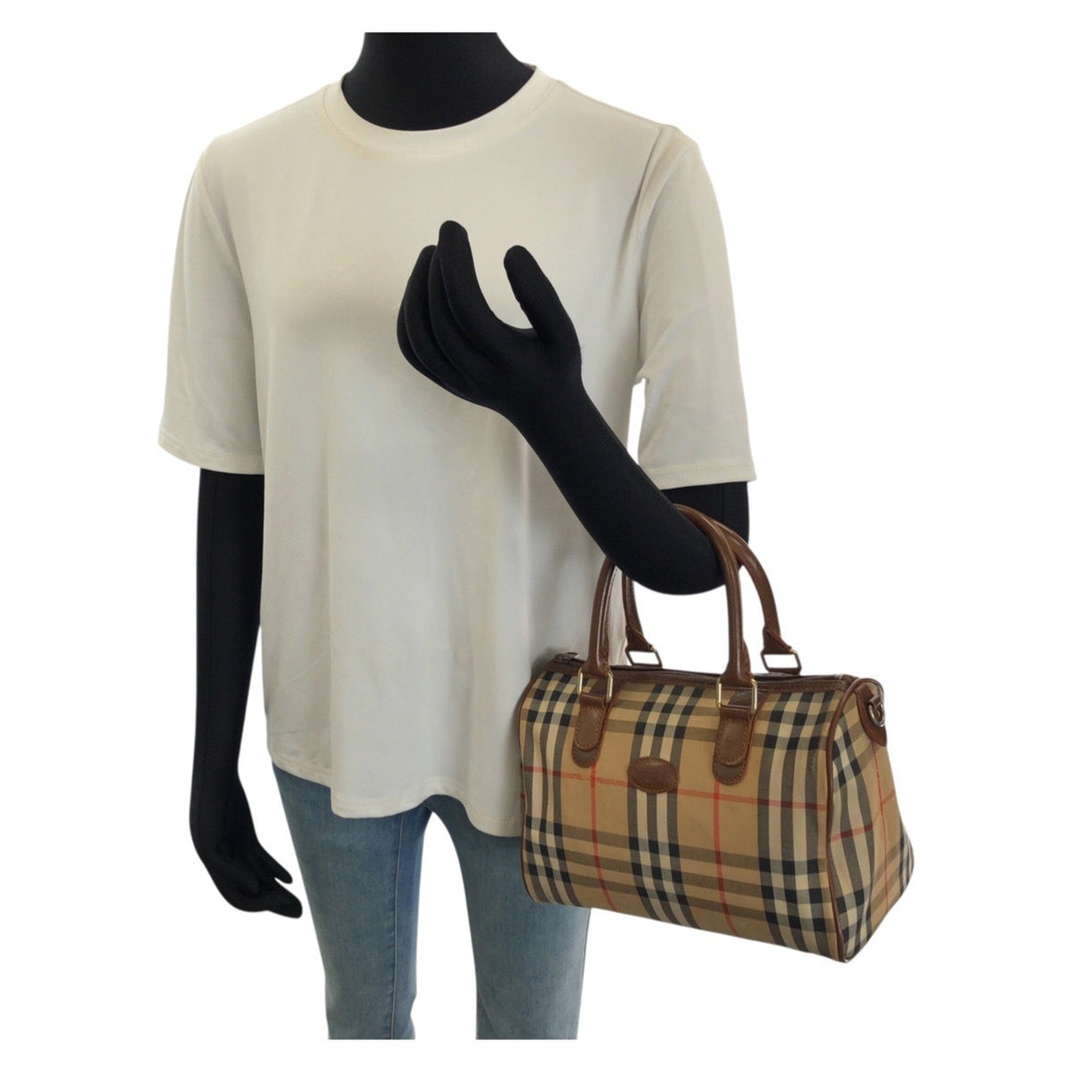 Burberry Beige Brown Canvas Leather Boston Bag Handbag (Pre-Owned)