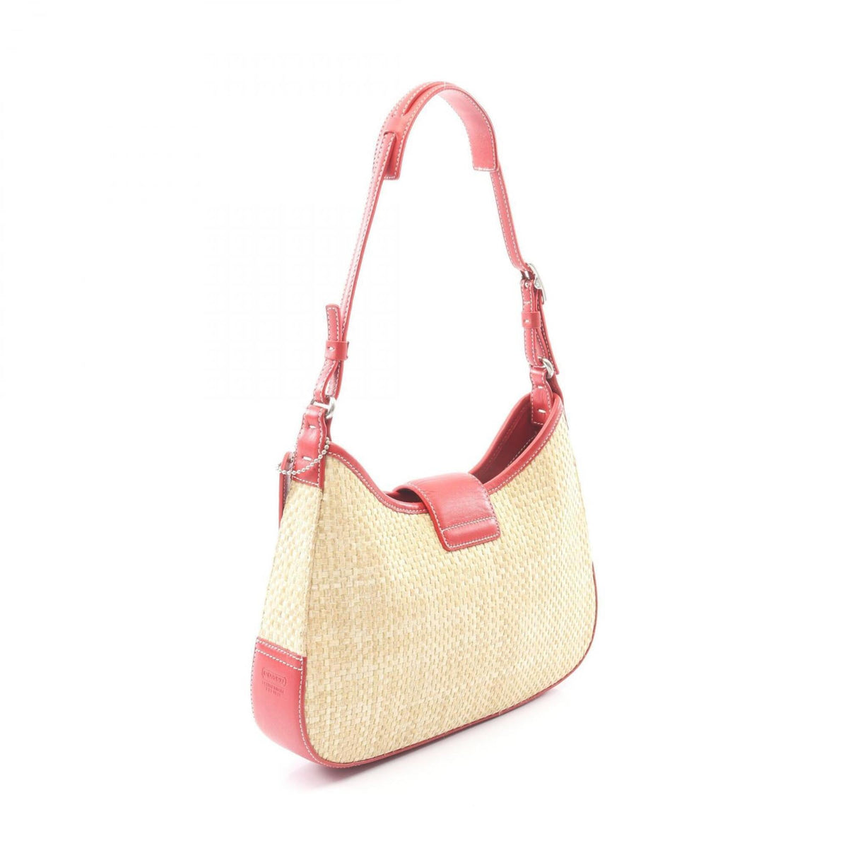 Coach Beige Red Color Raffia Leather Handbag Shoulder Bag (Pre-Owned)