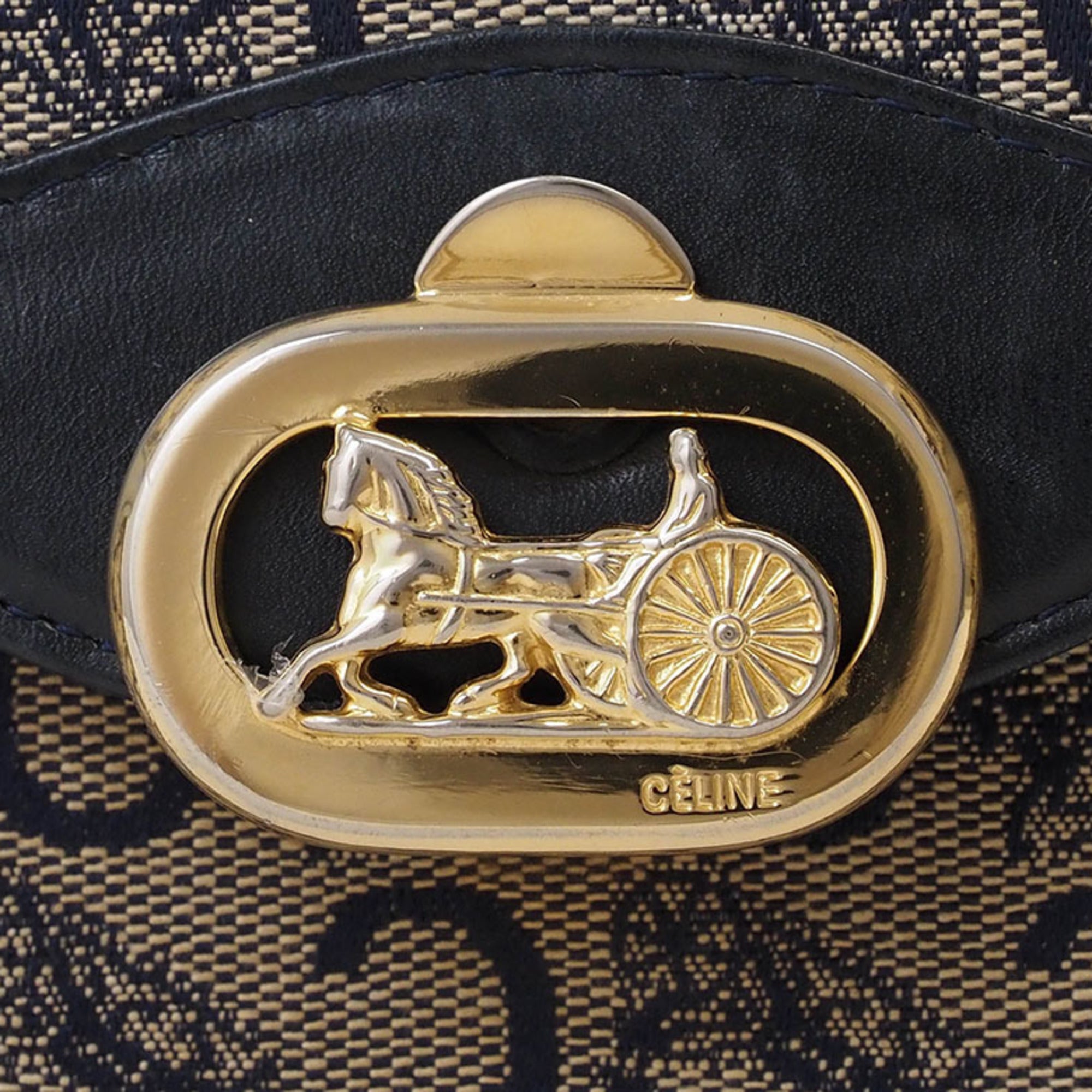 Celine Beige Navy Canvas Leather Shoulder Bag (Pre-Owned)