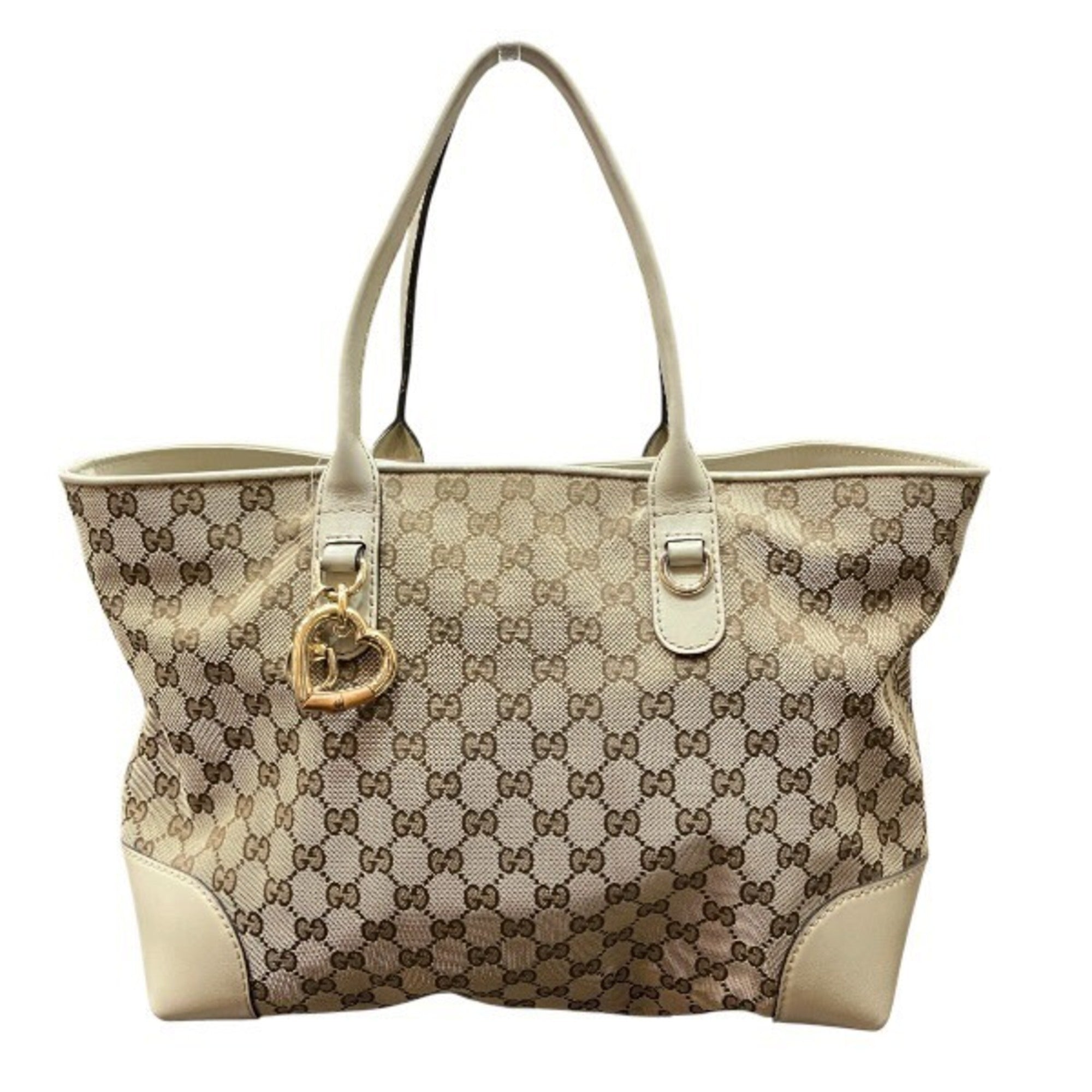 Gucci Beige White Canvas Leather Handbag Tote Bag (Pre-Owned)