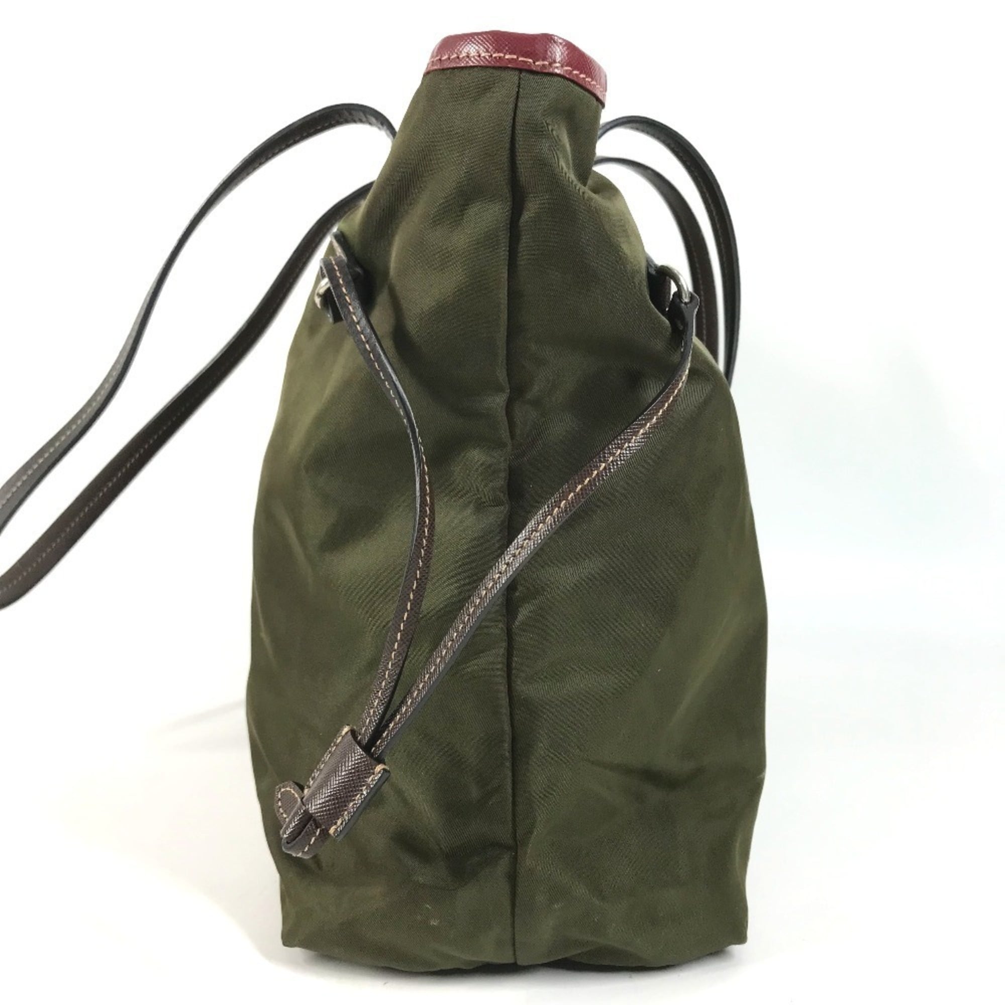 Prada Khaki Red Color Leather Nylon Shoulder Bag Tote Bag (Pre-Owned)
