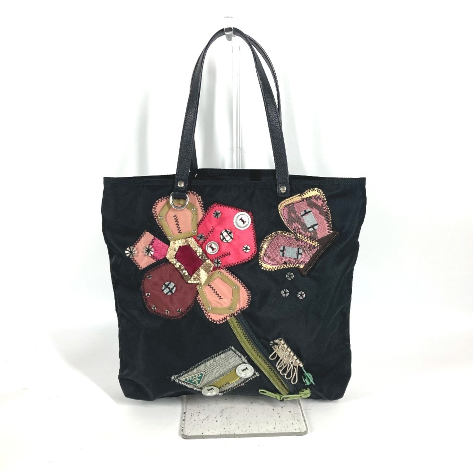 Prada Black Multi-Color Nylon Leather Handbag Shoulder Bag Tote Bag (Pre-Owned)