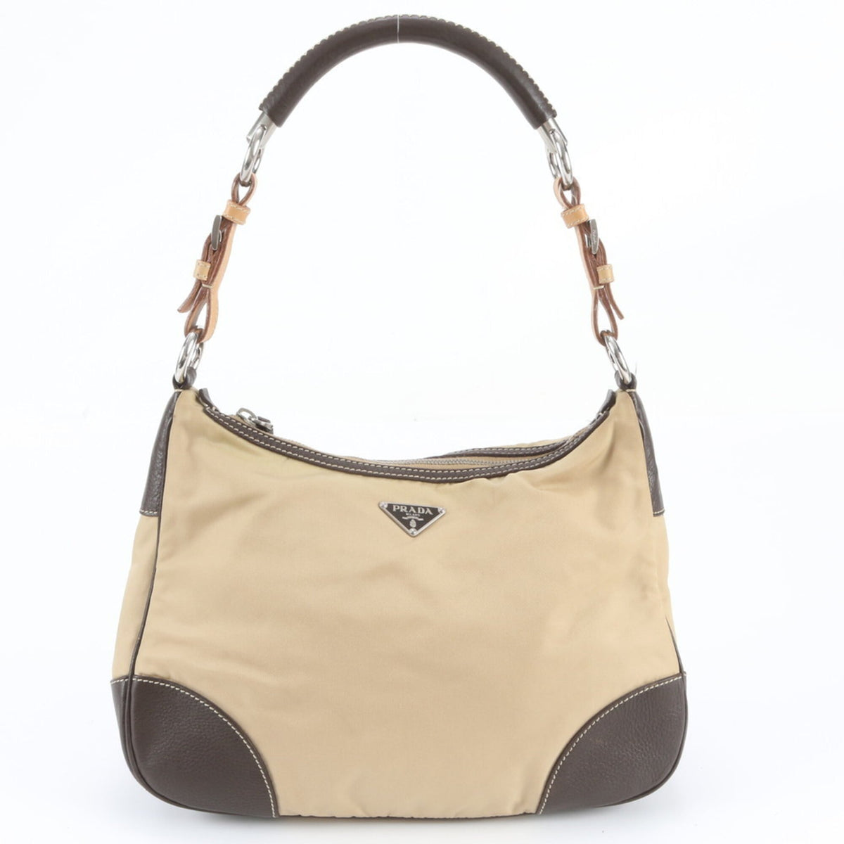 Prada Beige Leather Nylon Handbag Shoulder Bag (Pre-Owned)