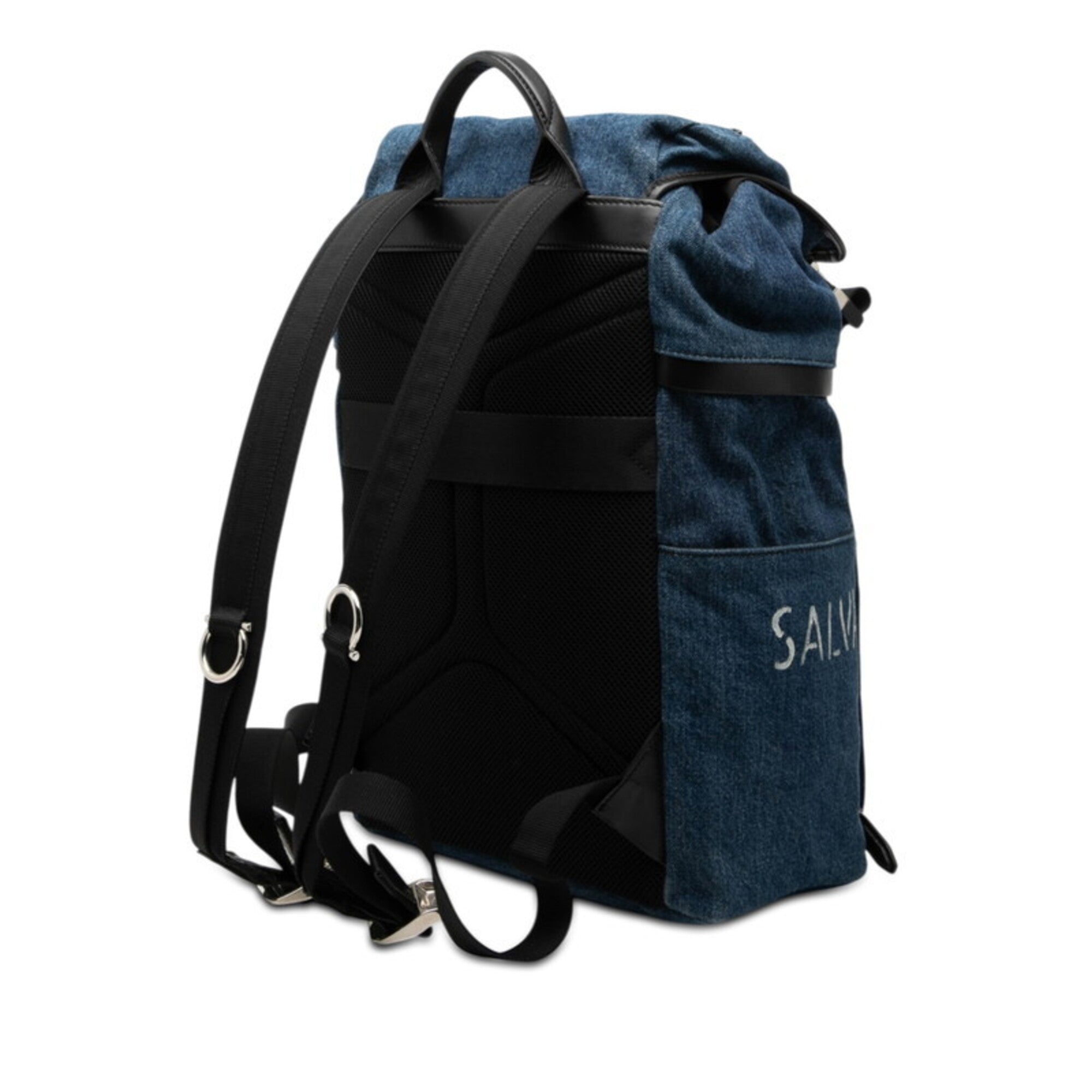 Salvatore Ferragamo Black Navy Denim Leather Backpack (Pre-Owned)