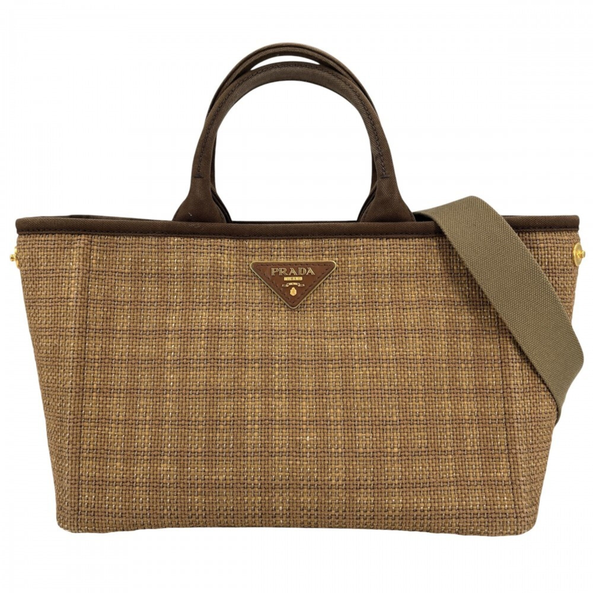 Prada Brown Canvas Straw Handbag Shoulder Bag (Pre-Owned)