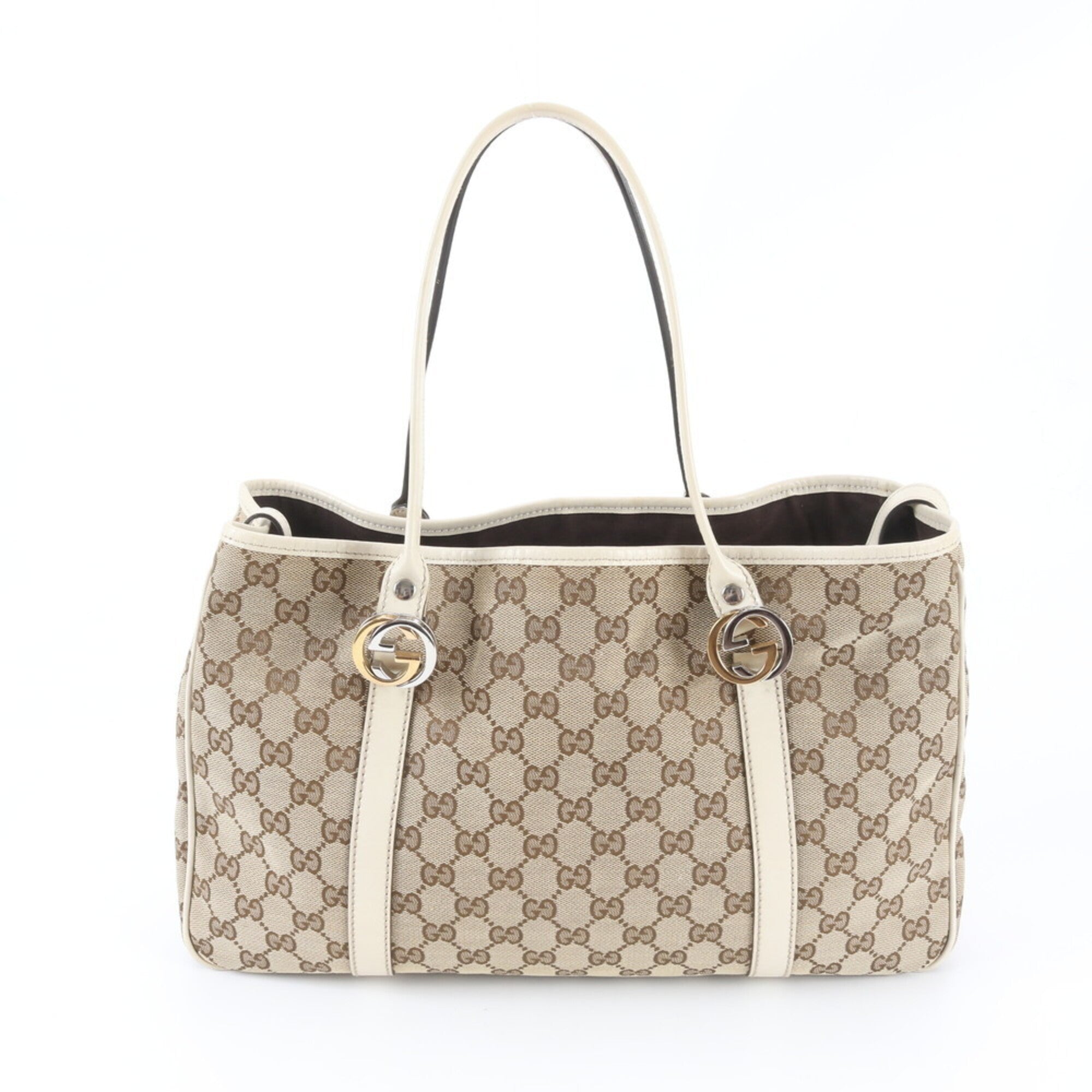 Gucci Beige White Leather Canvas Handbag Shoulder Bag Tote Bag (Pre-Owned)