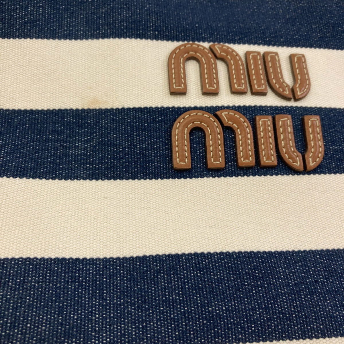 Miu Miu Brown Navy White Canvas Leather Tote Bag (Pre-Owned)