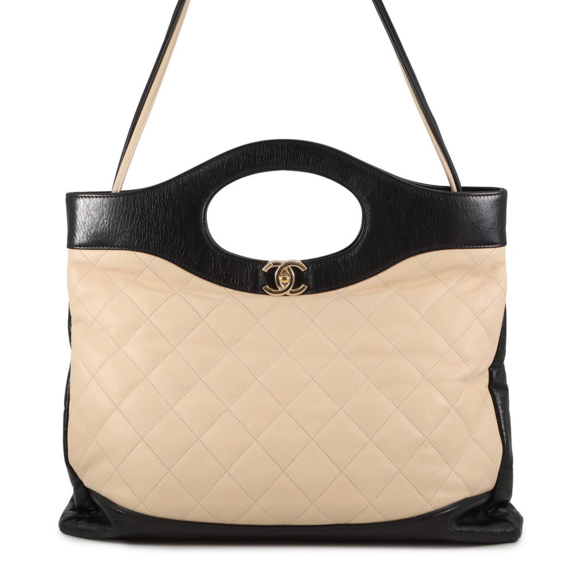 Chanel Beige Black Leather Handbag Shoulder Bag (Pre-Owned)