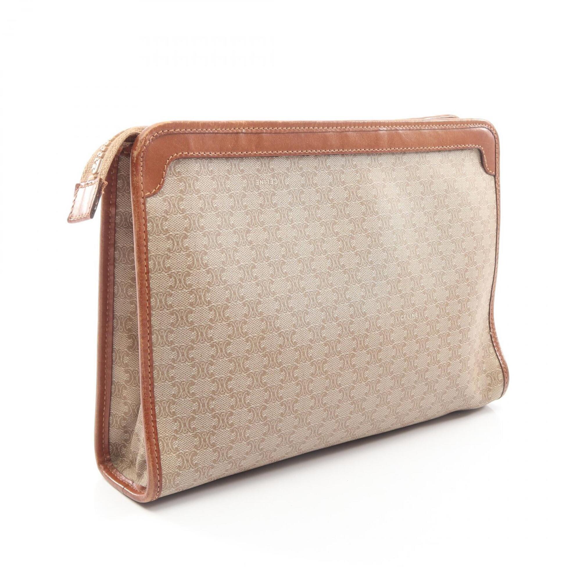 Celine Beige Brown Coated Canvas Leather Clutch Bag Handbag (Pre-Owned)
