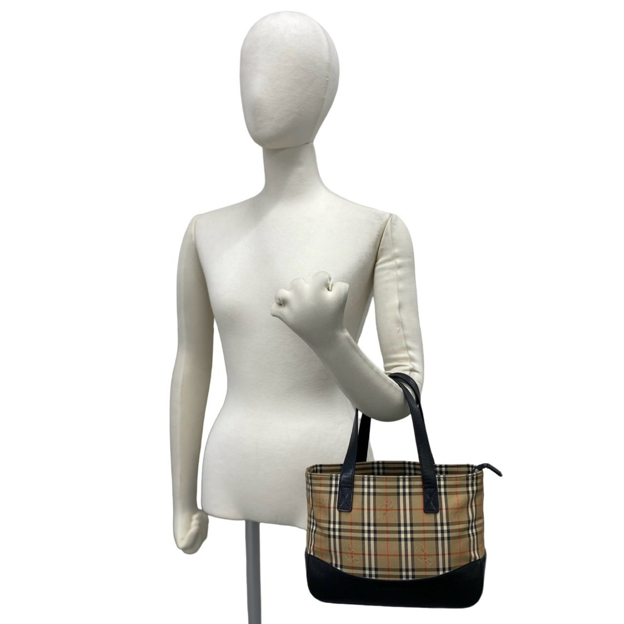 Burberry Beige Black Canvas Leather Handbag (Pre-Owned)