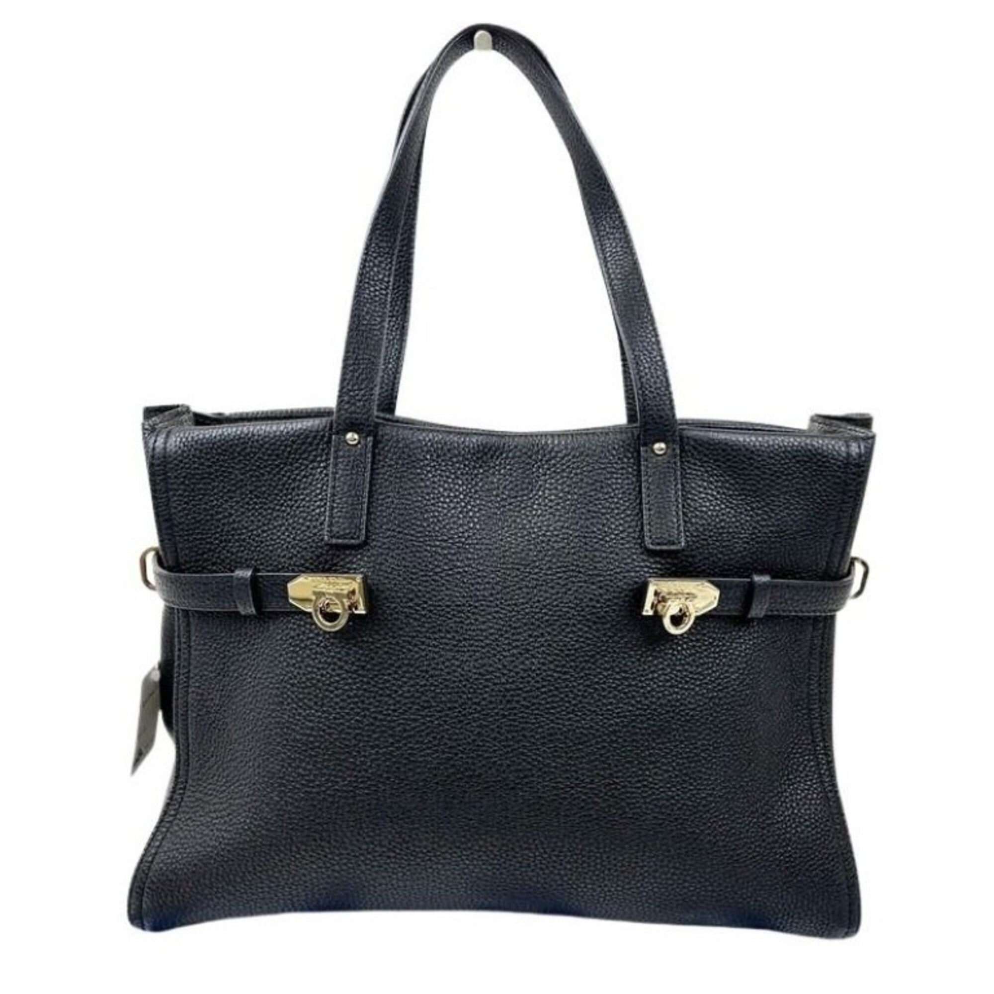 Salvatore Ferragamo Gancini Black Leather Handbag Shoulder Bag Tote Bag (Pre-Owned)