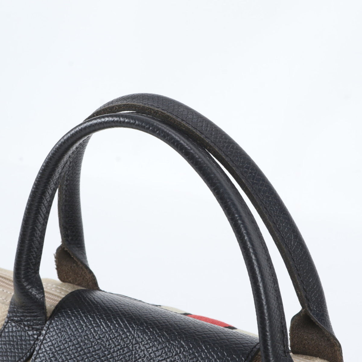 Longchamp Beige Black Leather Canvas Handbag Shoulder Bag Tote Bag (Pre-Owned)