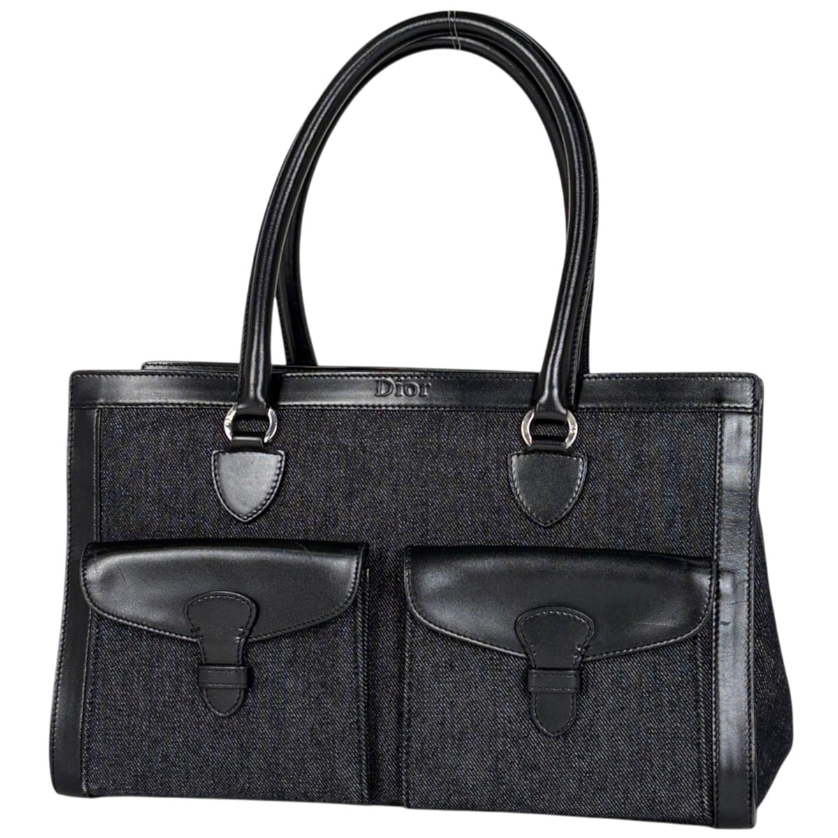 Christian Dior Black Denim Leather Handbag Tote Bag (Pre-Owned)