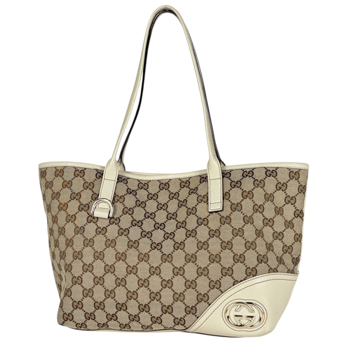 Gucci Beige White Gg Canvas Leather Tote Bag (Pre-Owned)
