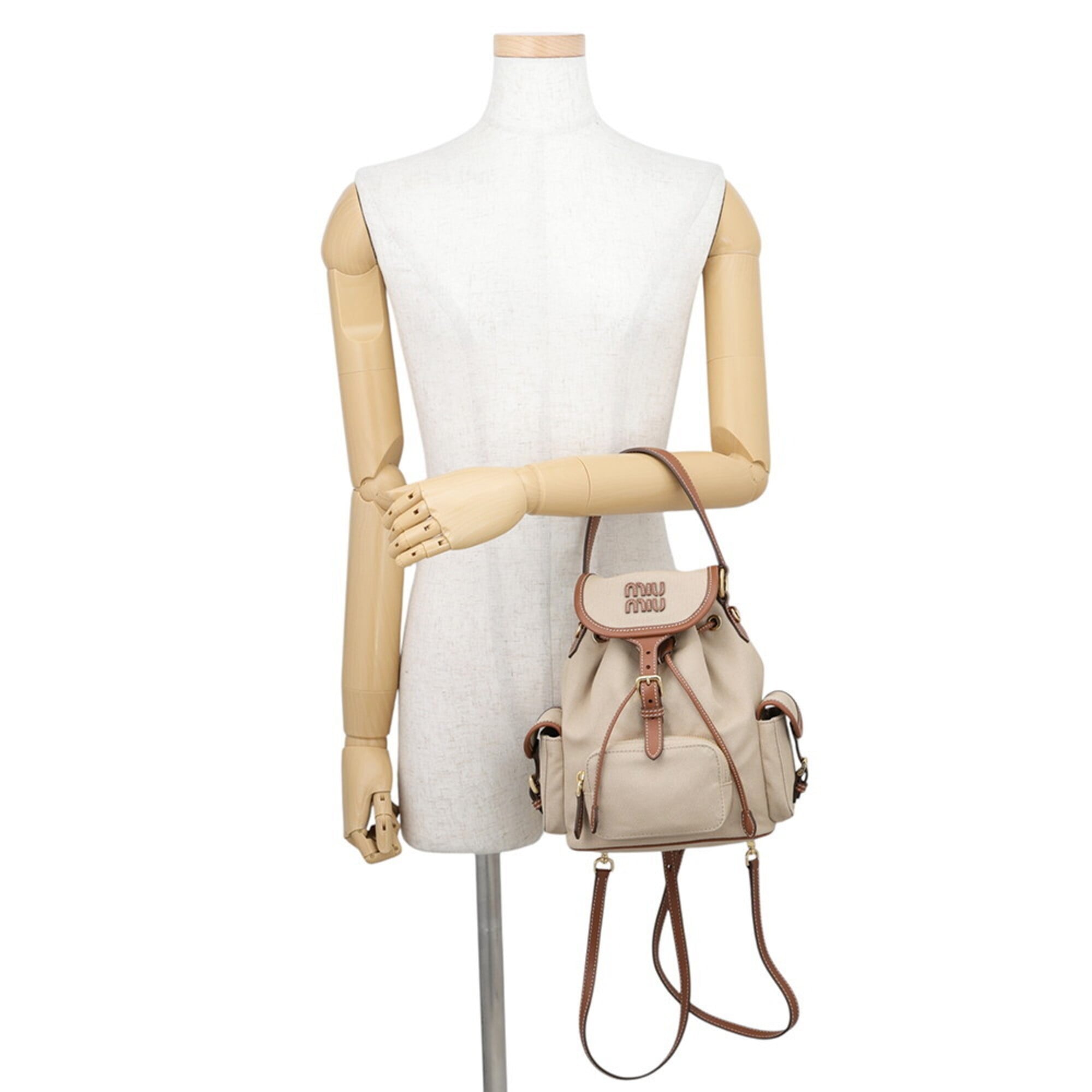 Miu Miu Beige Brown Leather Canvas Backpack Handbag (Pre-Owned)