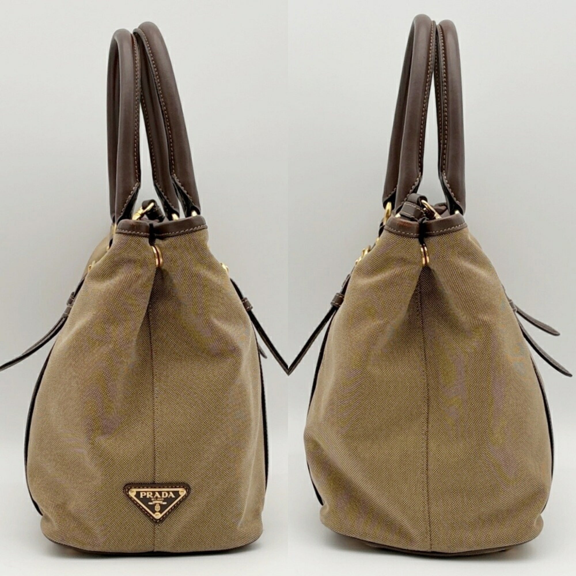 Prada Beige Dark Brown Canvas Leather Tote Bag (Pre-Owned)