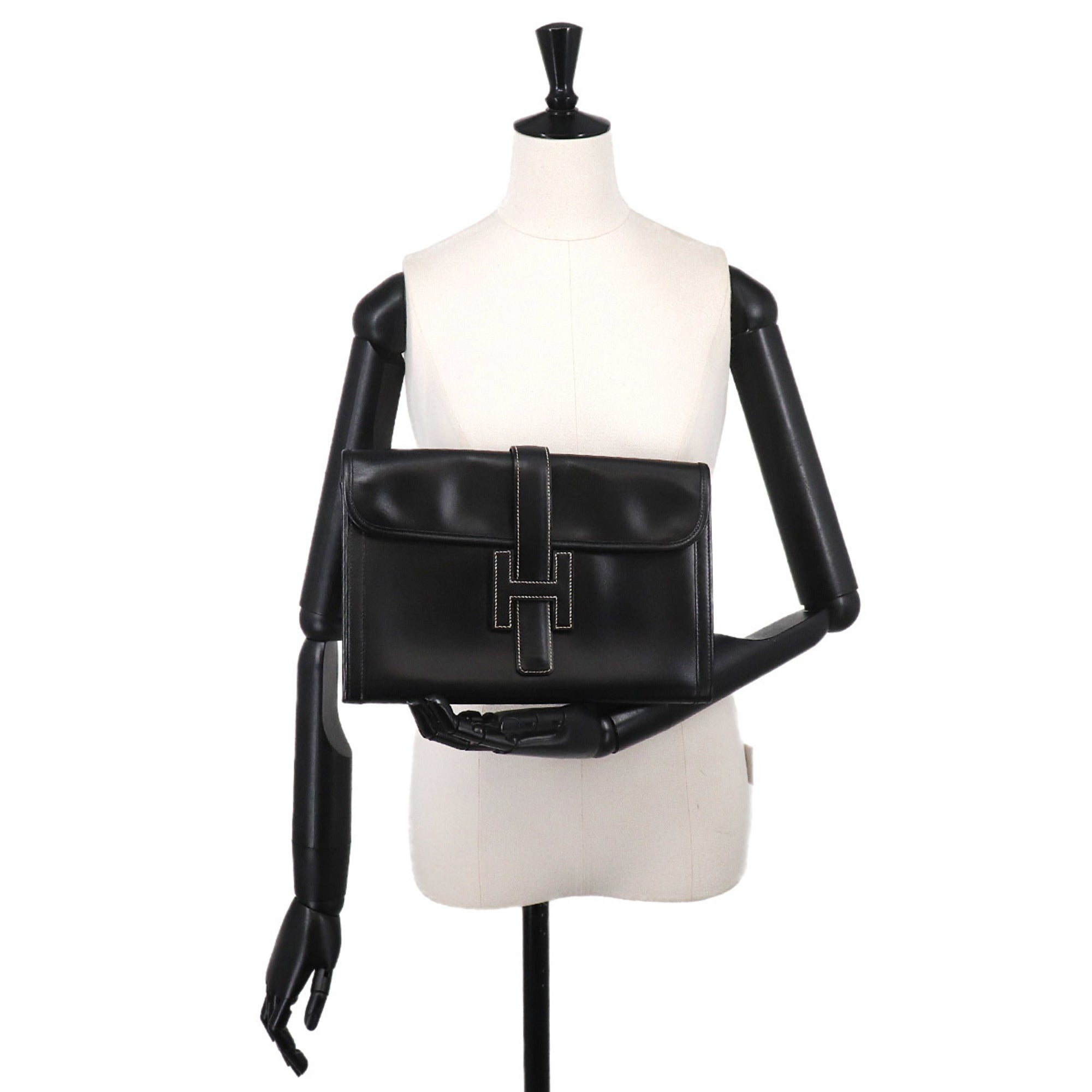 Hermes Jige Black Box Calf Leather Clutch Bag Handbag (Pre-Owned)