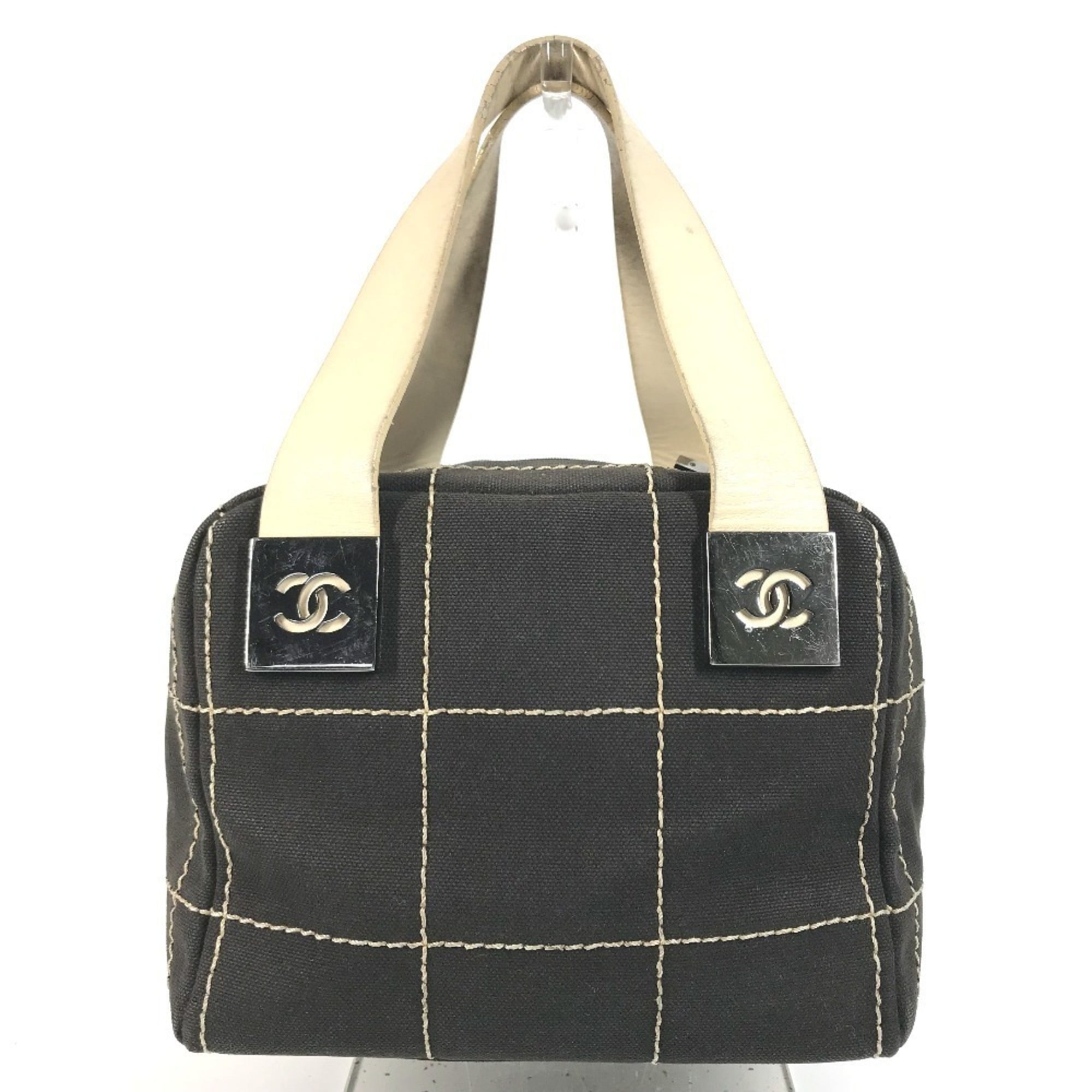 Chanel Chocolate Bar Black White Leather Canvas Boston Bag Handbag (Pre-Owned)