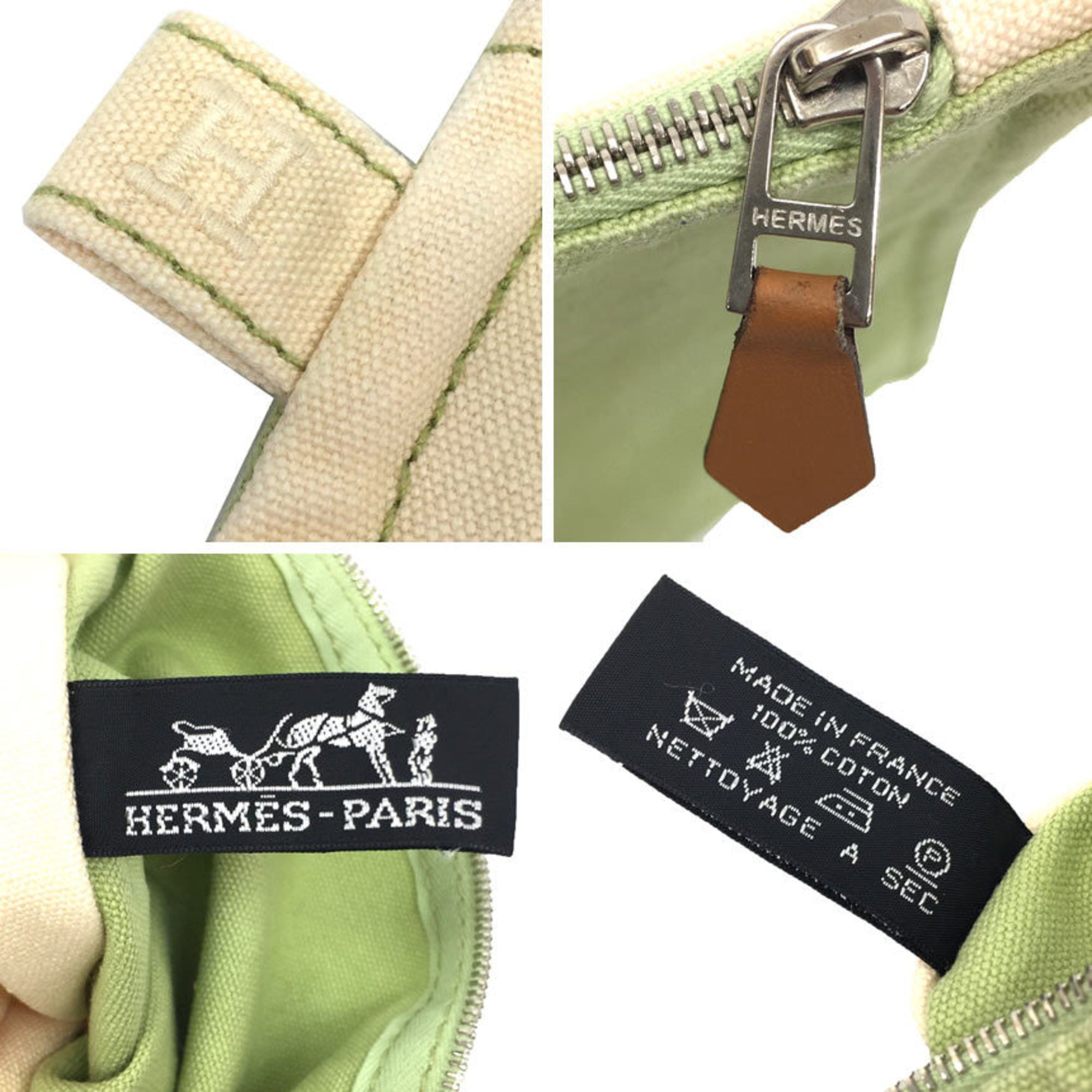 Hermes Cream Lime Green Cotton Canvas Clutch Bag Pouch (Pre-Owned)