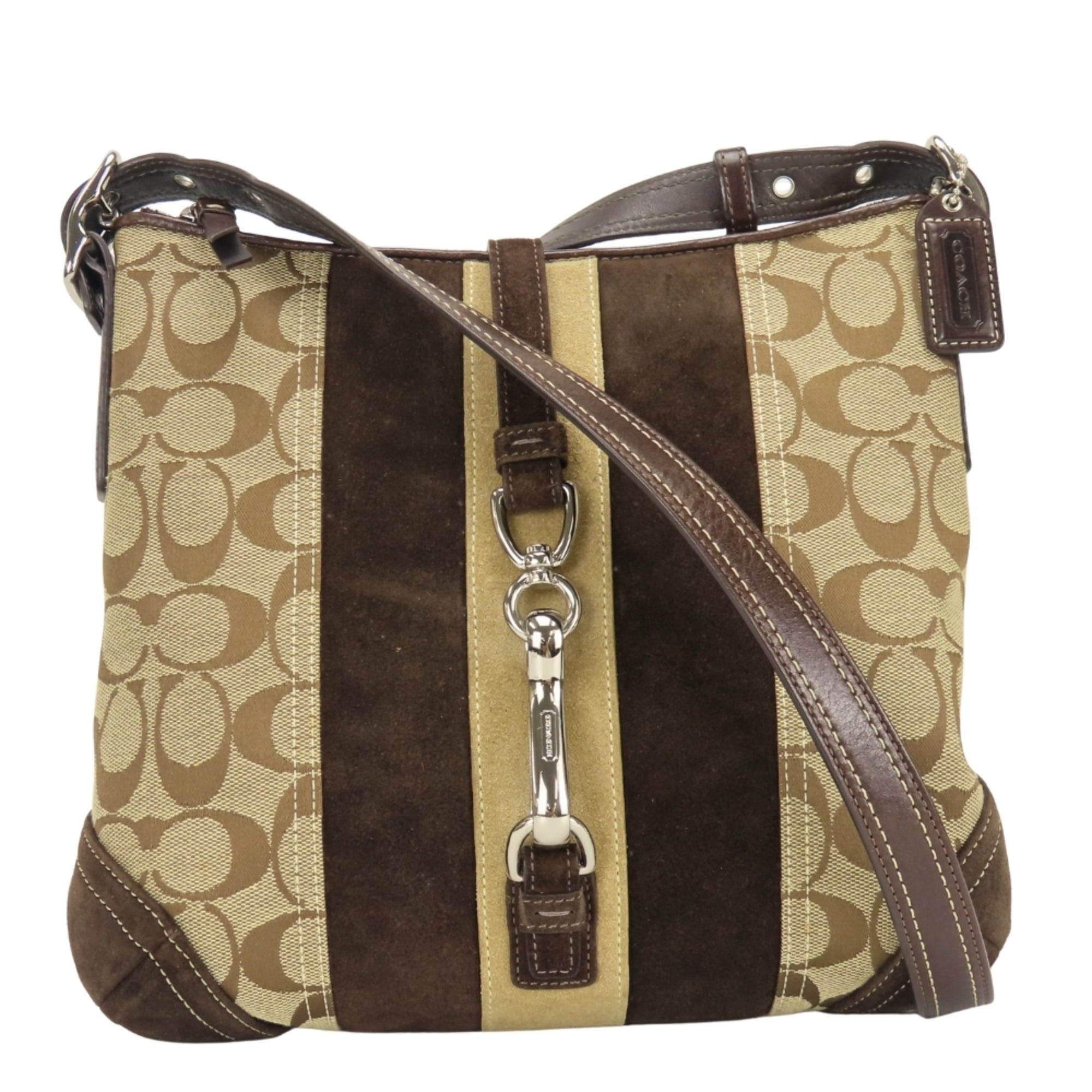 Coach Signature Brown Canvas Suede Leather Shoulder Bag (Pre-Owned)