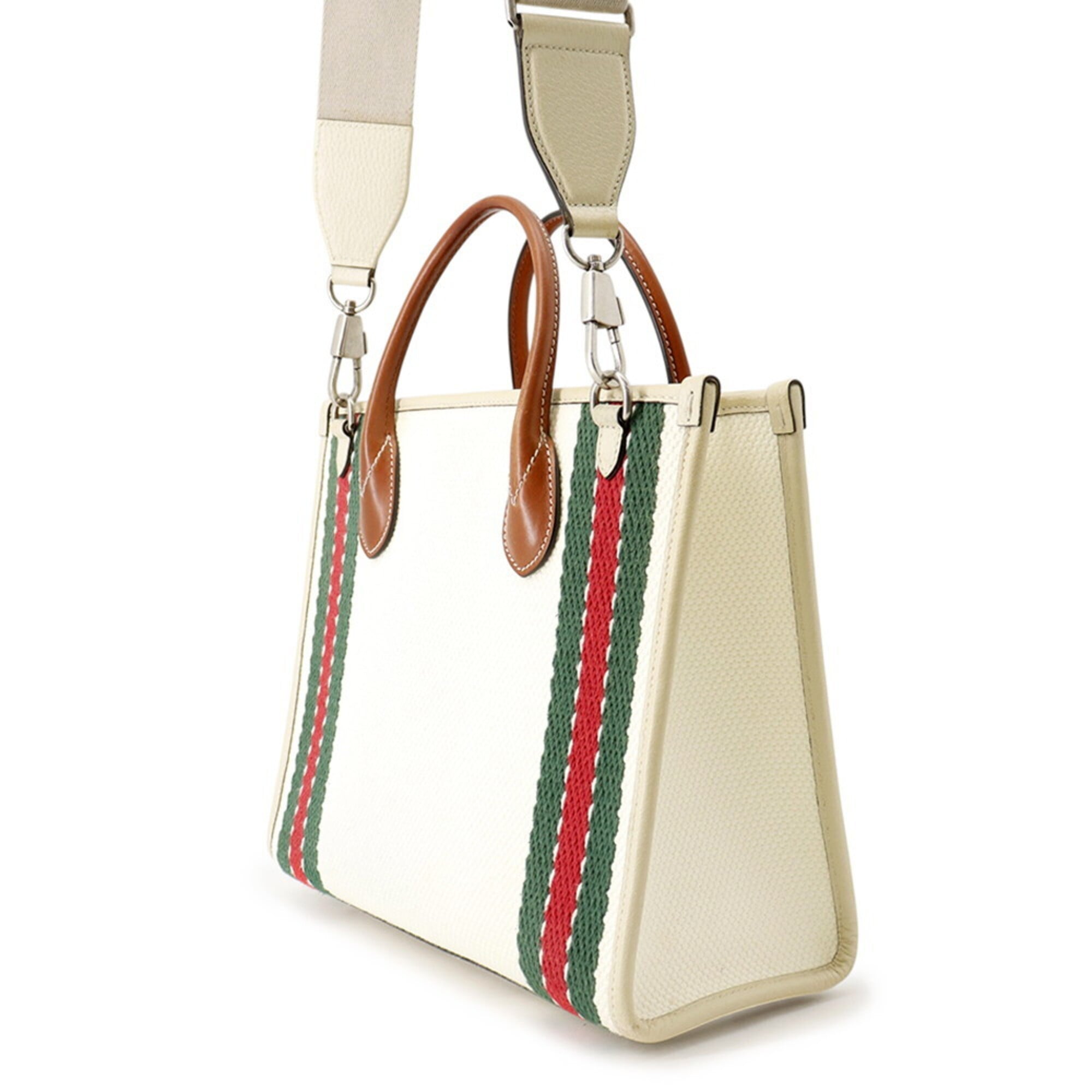 Gucci Multi-Color White Canvas Leather Handbag Tote Bag (Pre-Owned)