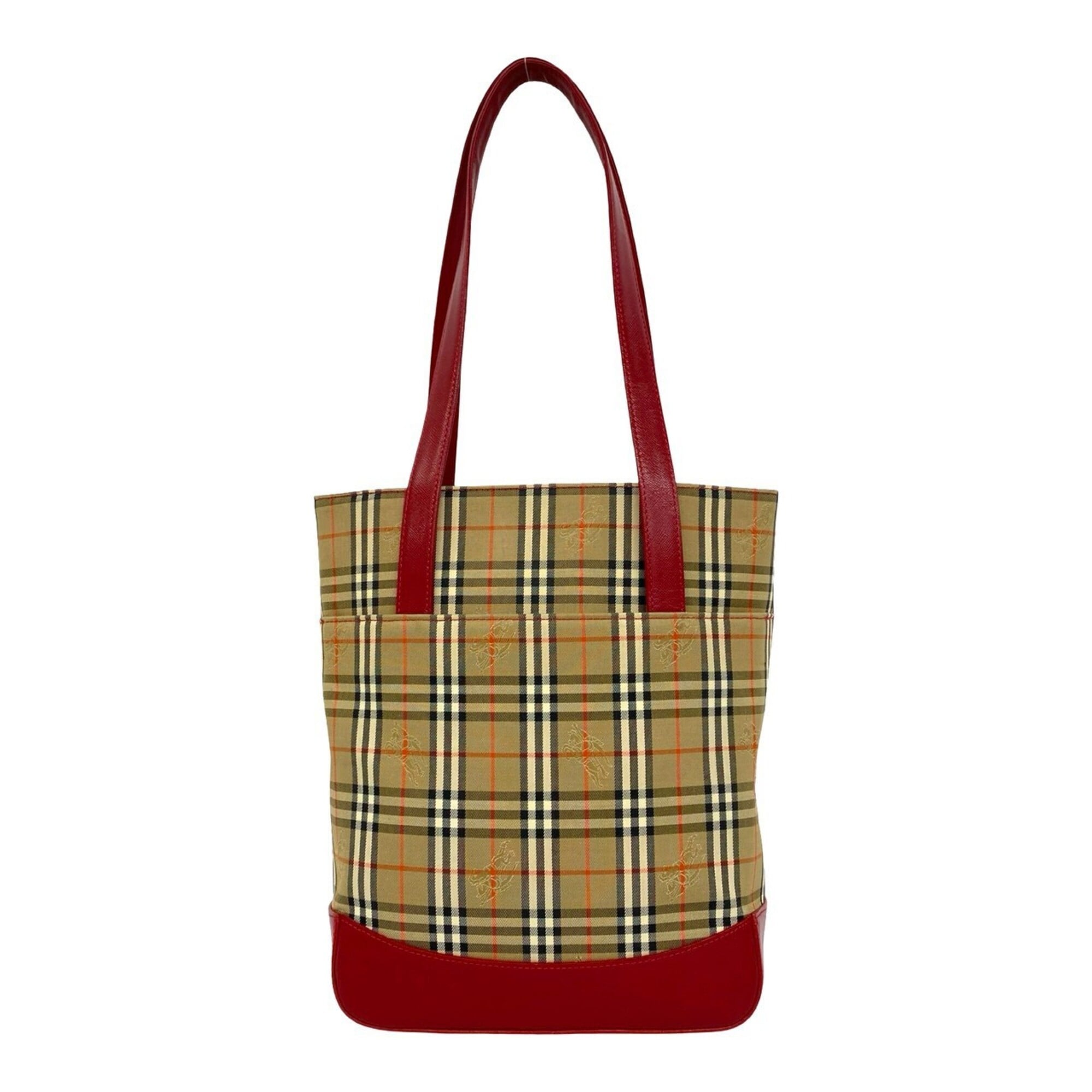 Burberry Beige Red Color Canvas Leather Shoulder Bag Tote Bag (Pre-Owned)