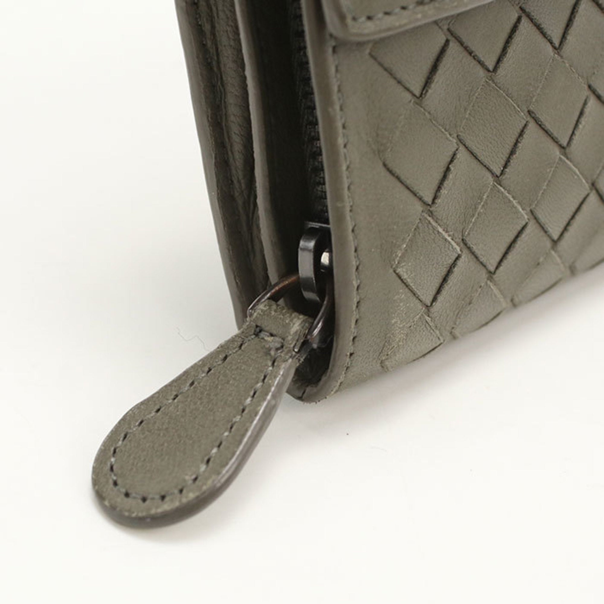 Bottega Veneta Intrecciato Khaki Leather Long Wallet (Bi-Fold) (Pre-Owned)