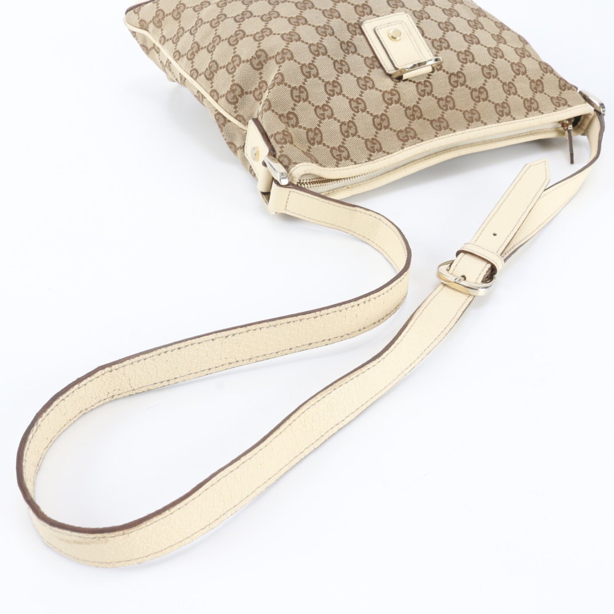 Gucci Beige White Leather Canvas Handbag Shoulder Bag Tote Bag (Pre-Owned)
