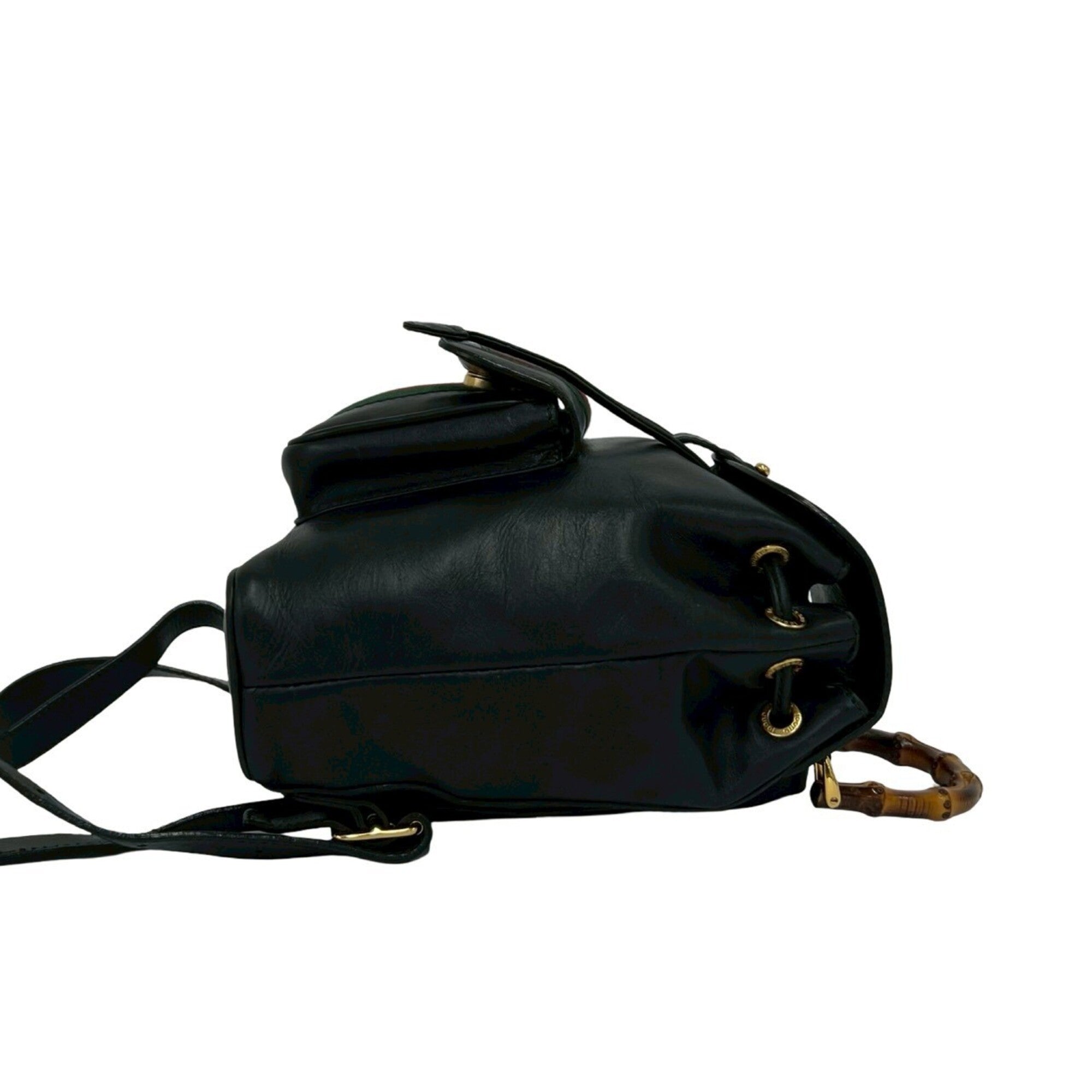 Gucci Black Green Red Color Leather Bamboo Backpack (Pre-Owned)