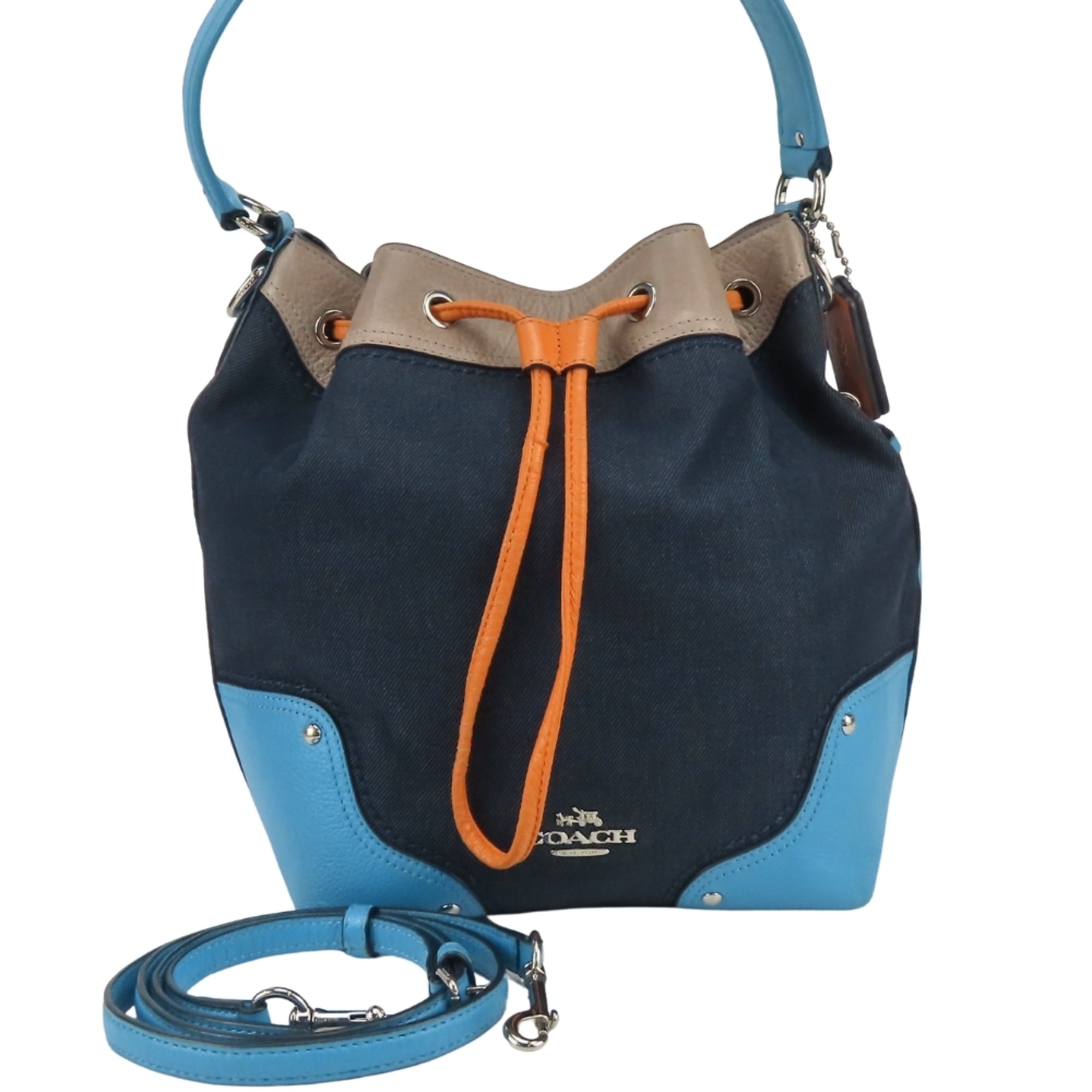 Coach Blue Grayish Orange Denim Leather Shoulder Bag (Pre-Owned)