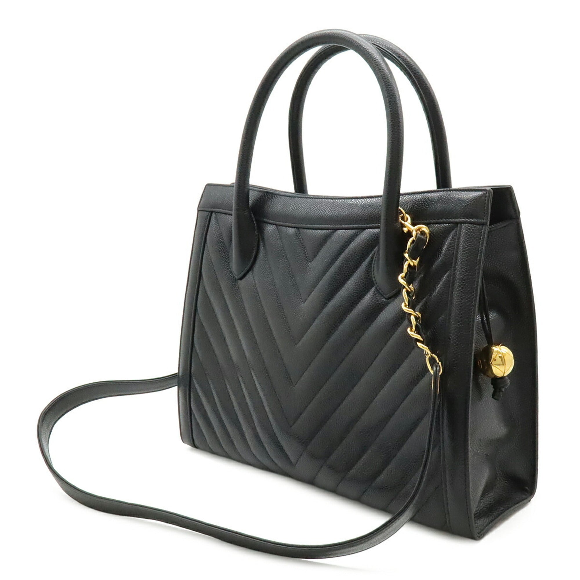 Chanel Chevron (V Stitch) Black Leather Handbag Shoulder Bag (Pre-Owned)