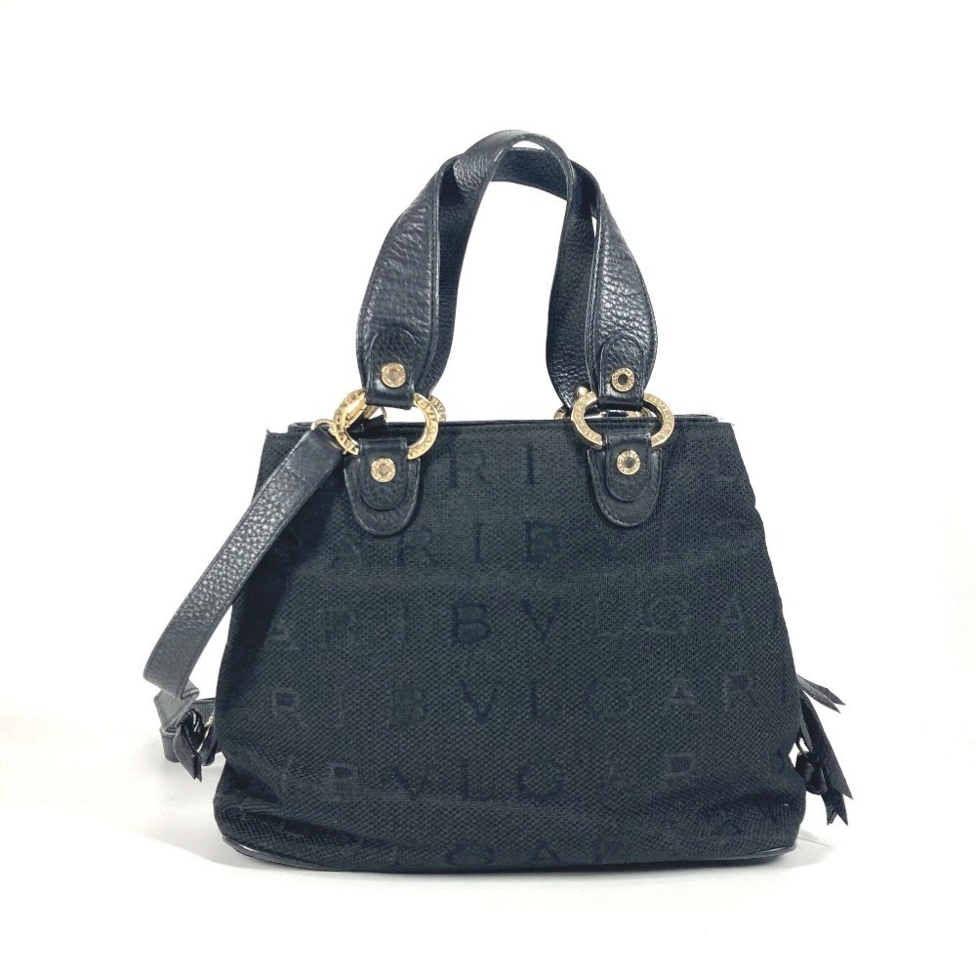 Bvlgari Black Leather Canvas Handbag Shoulder Bag Tote Bag (Pre-Owned)