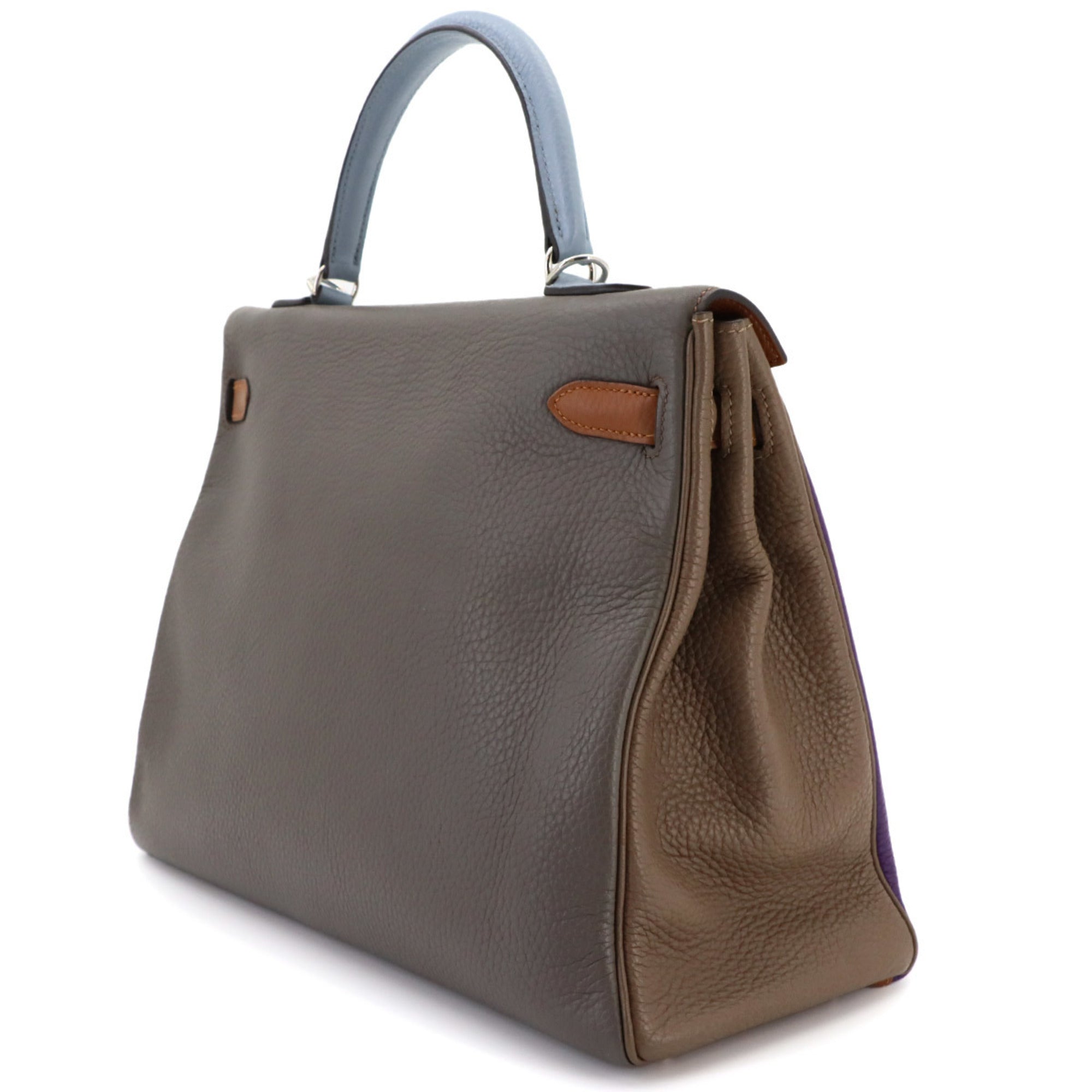 Hermes Blue Lin Blue Obscurs Brown Etain Etoupe Gray Taurillon Clemence Leather Handbag (Pre-Owned)
