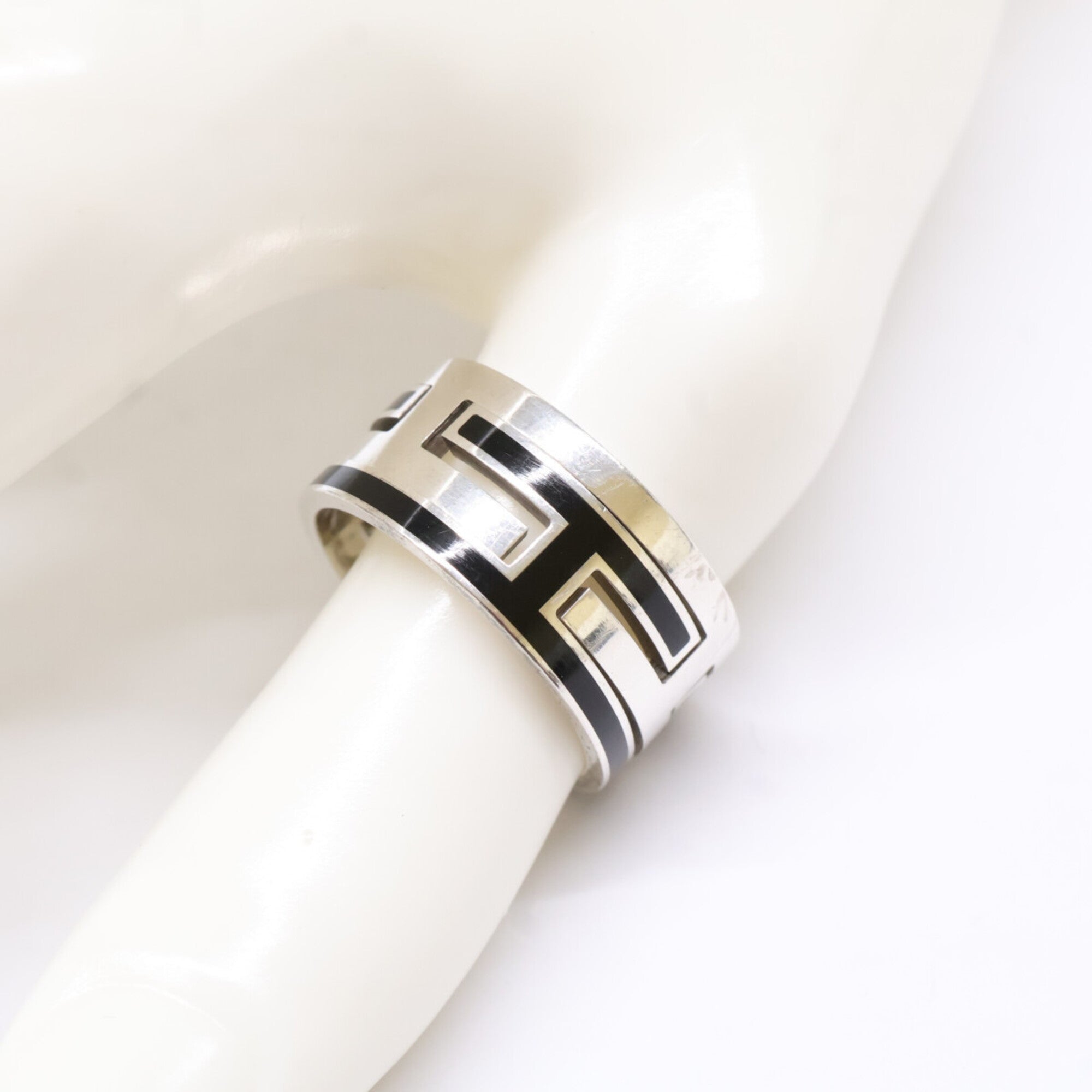 Hermes Silver Black Silver 925 Band Ring (Pre-Owned)