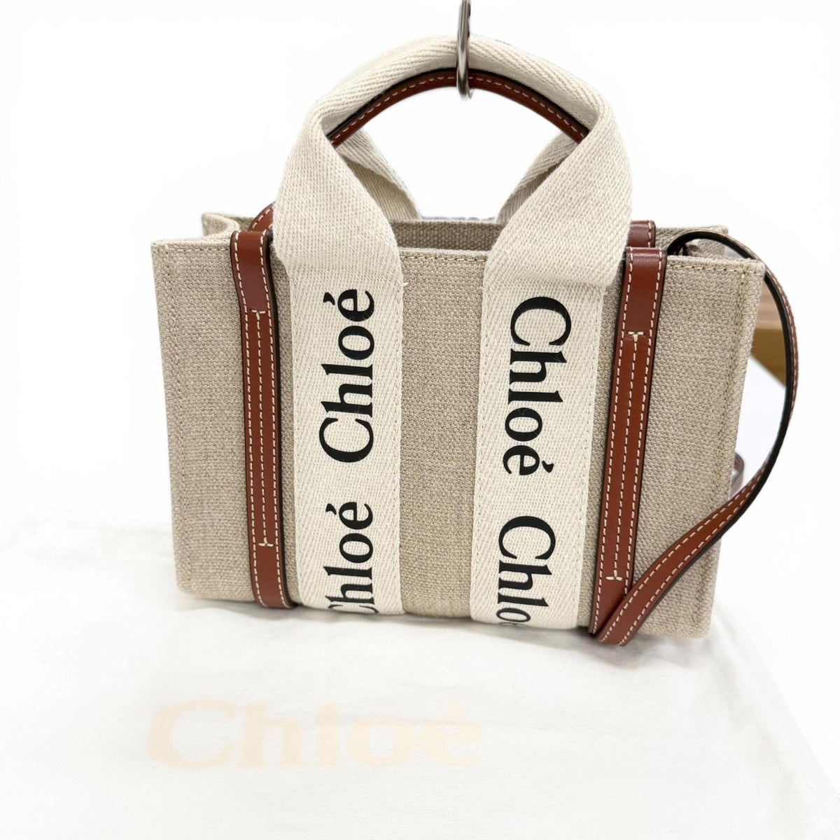 Chloé Beige Brown Linen Leather Shoulder Bag Tote Bag (Pre-Owned)