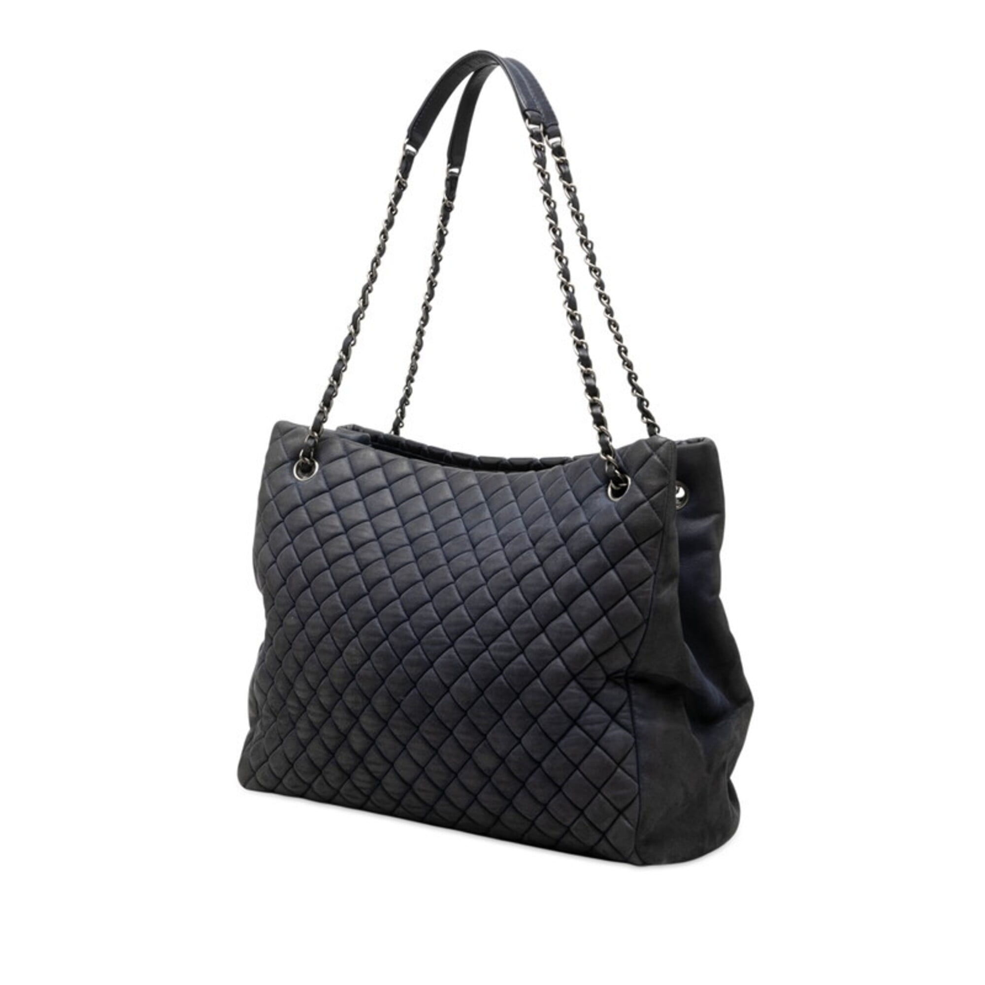 Chanel Navy Silver Leather Shoulder Bag Tote Bag (Pre-Owned)