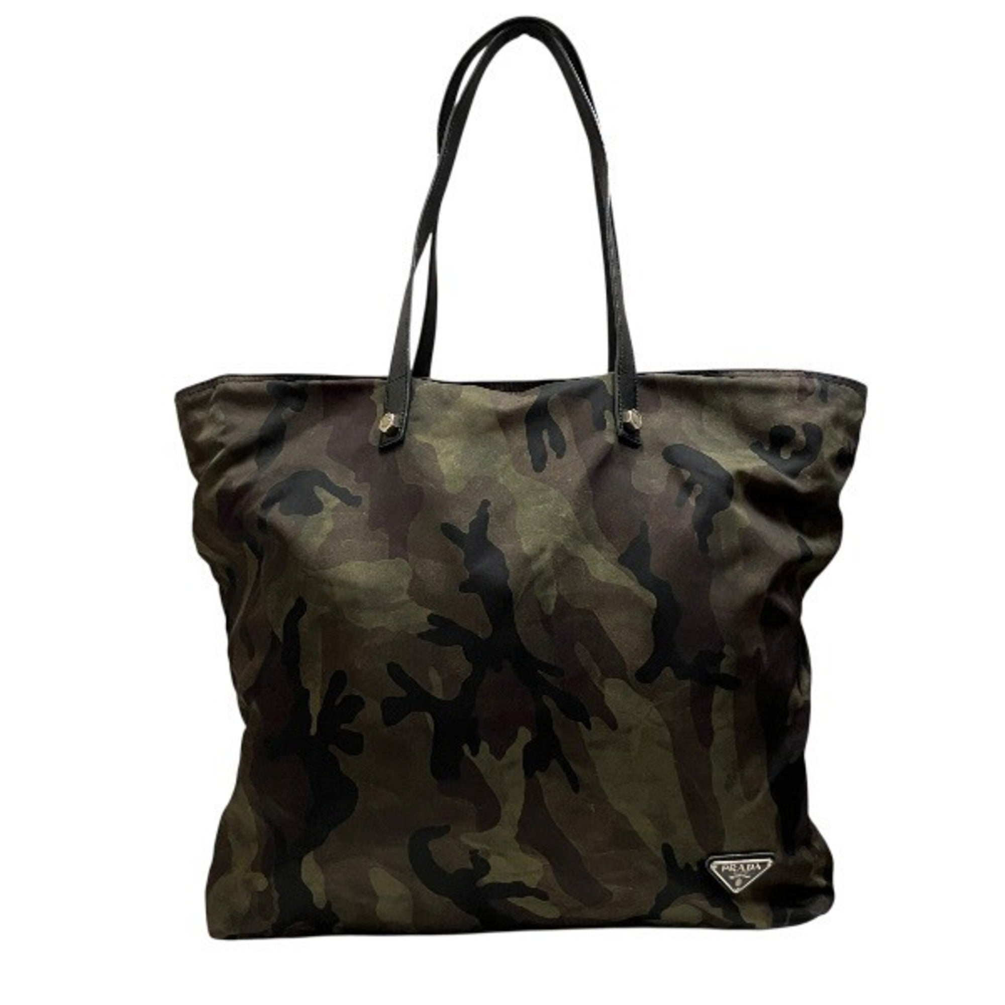 Prada Black Khaki Nylon Leather Handbag Shoulder Bag Tote Bag (Pre-Owned)