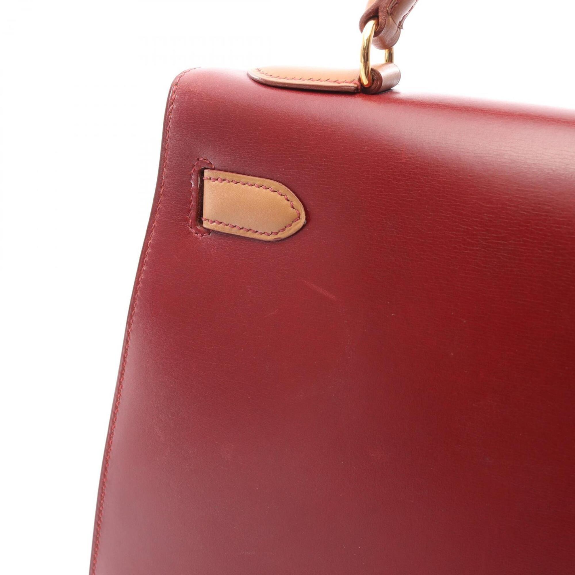 Hermes Bordeaux Brown Red Color Box Calf Leather Leather Handbag (Pre-Owned)