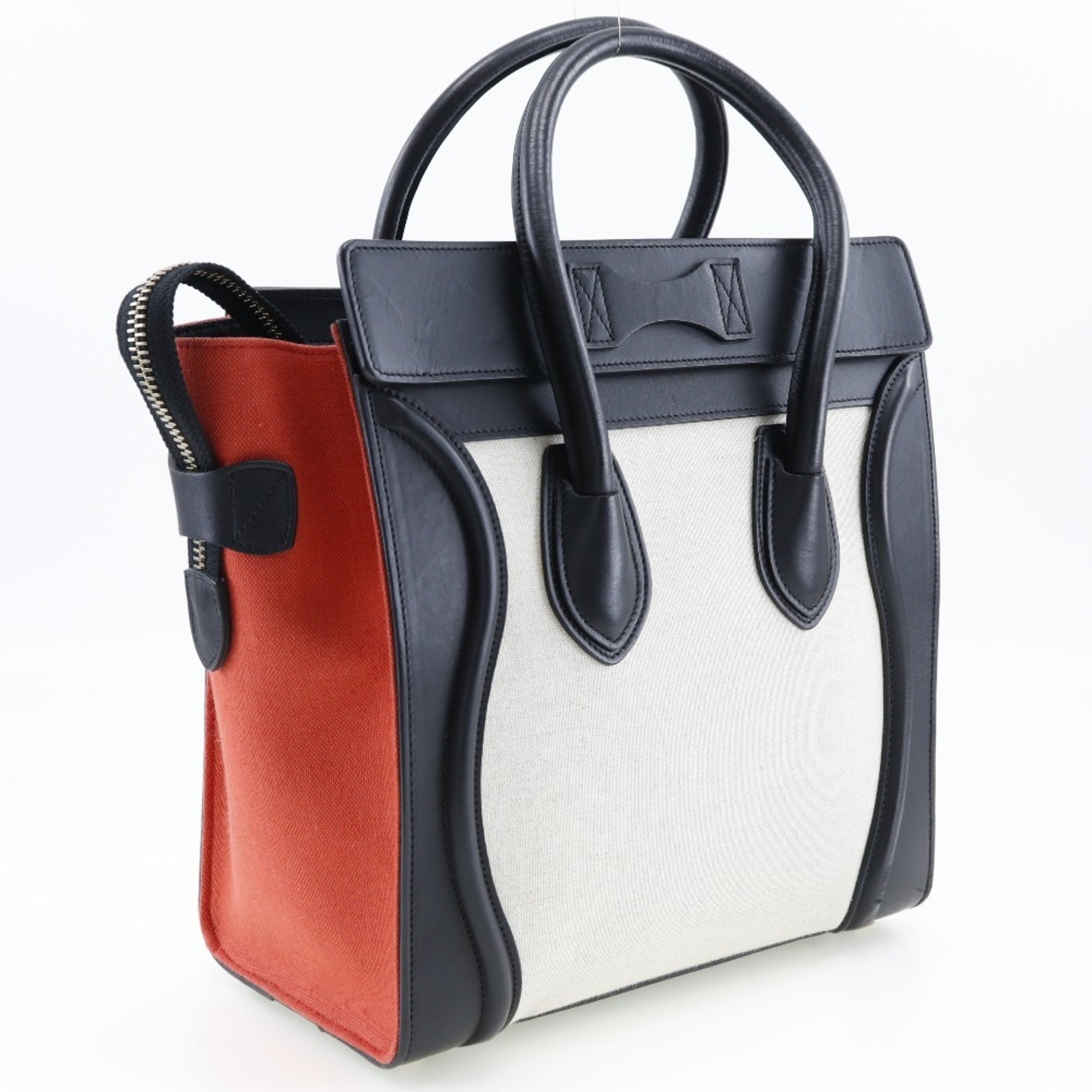 Celine Luggage Beige Black Orange Canvas Leather Handbag (Pre-Owned)