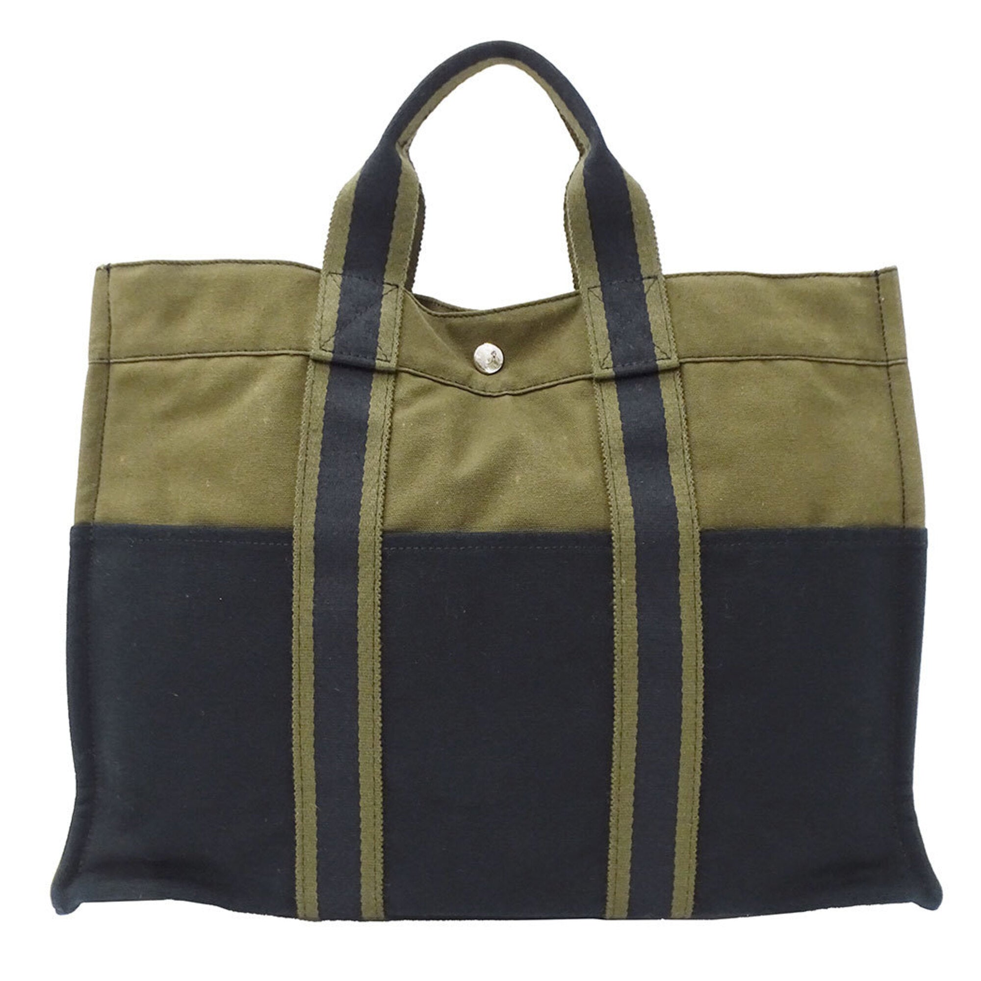 Hermes Green Khaki Navy Canvas Handbag Tote Bag (Pre-Owned)