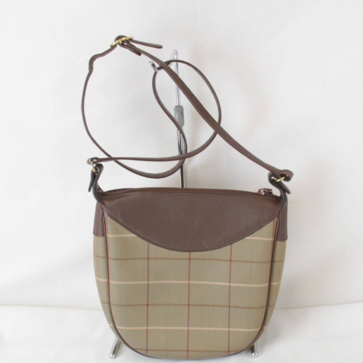 Burberry Brown Gray Leather Canvas Shoulder Bag (Pre-Owned)