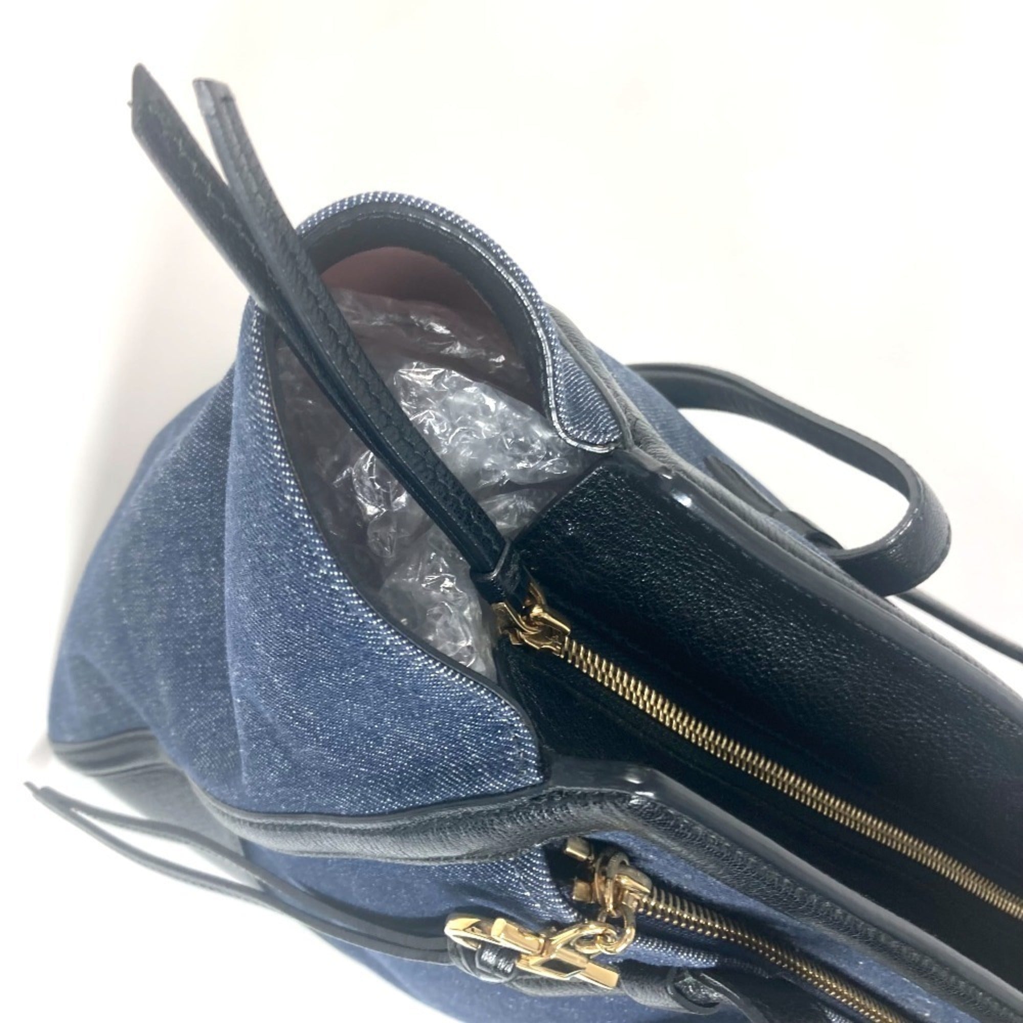 Salvatore Ferragamo Black Blue Denim Leather Handbag Shoulder Bag Tote Bag (Pre-Owned)