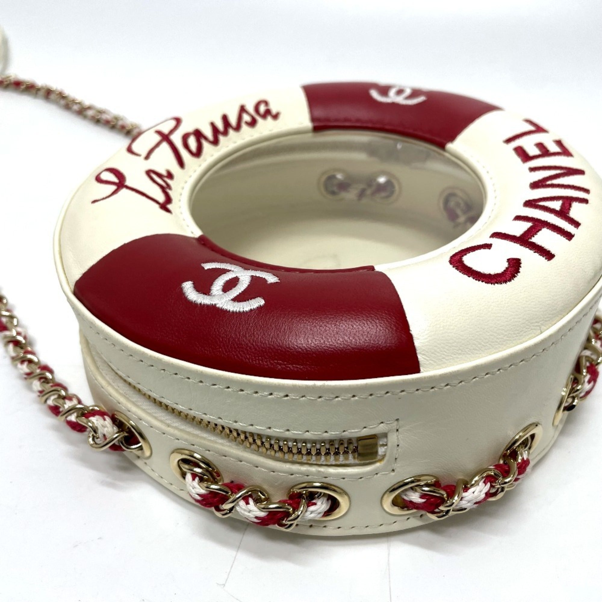 Chanel Red Color White Vinyl Leather Pochette Shoulder Bag (Pre-Owned)